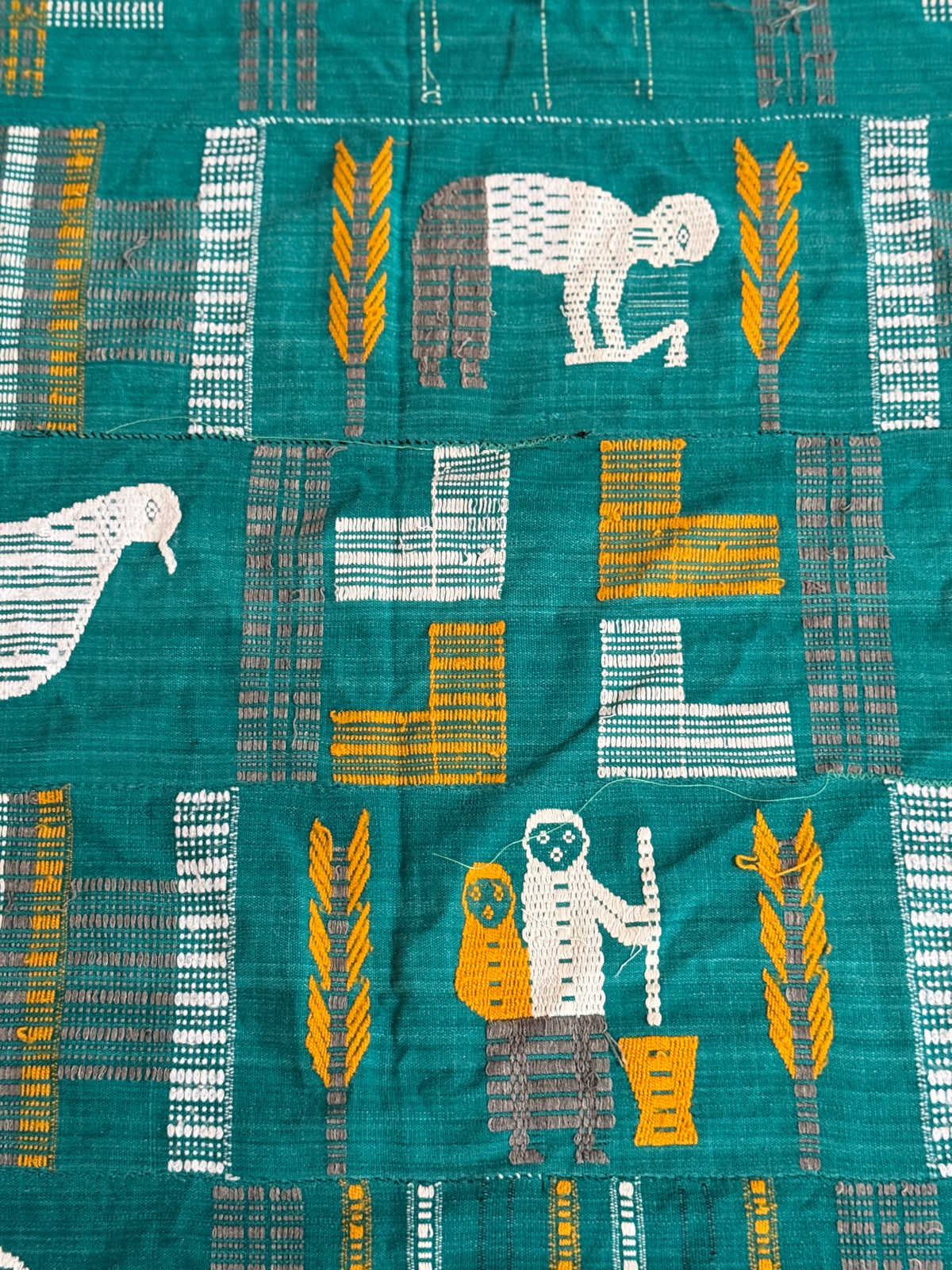 Senufo Hand-Woven Cotton Textile, Teal Green with Figurative Motifs