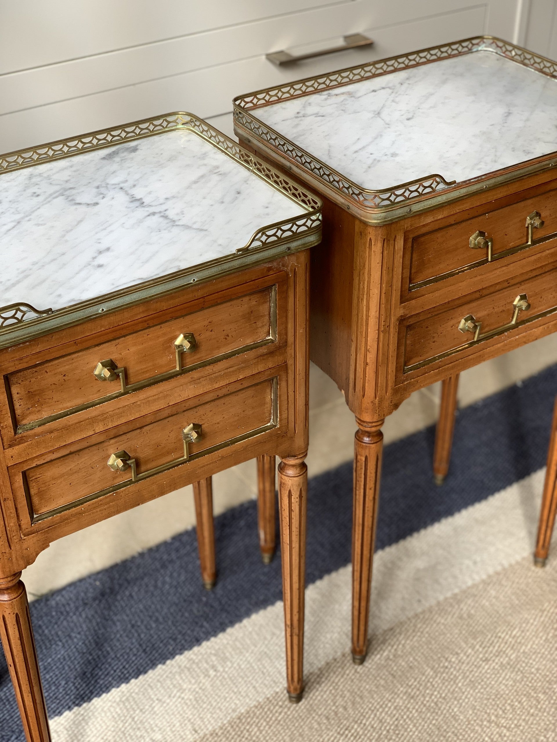Pair of French Marble Topped Bedside Tables with Brass Galleries
