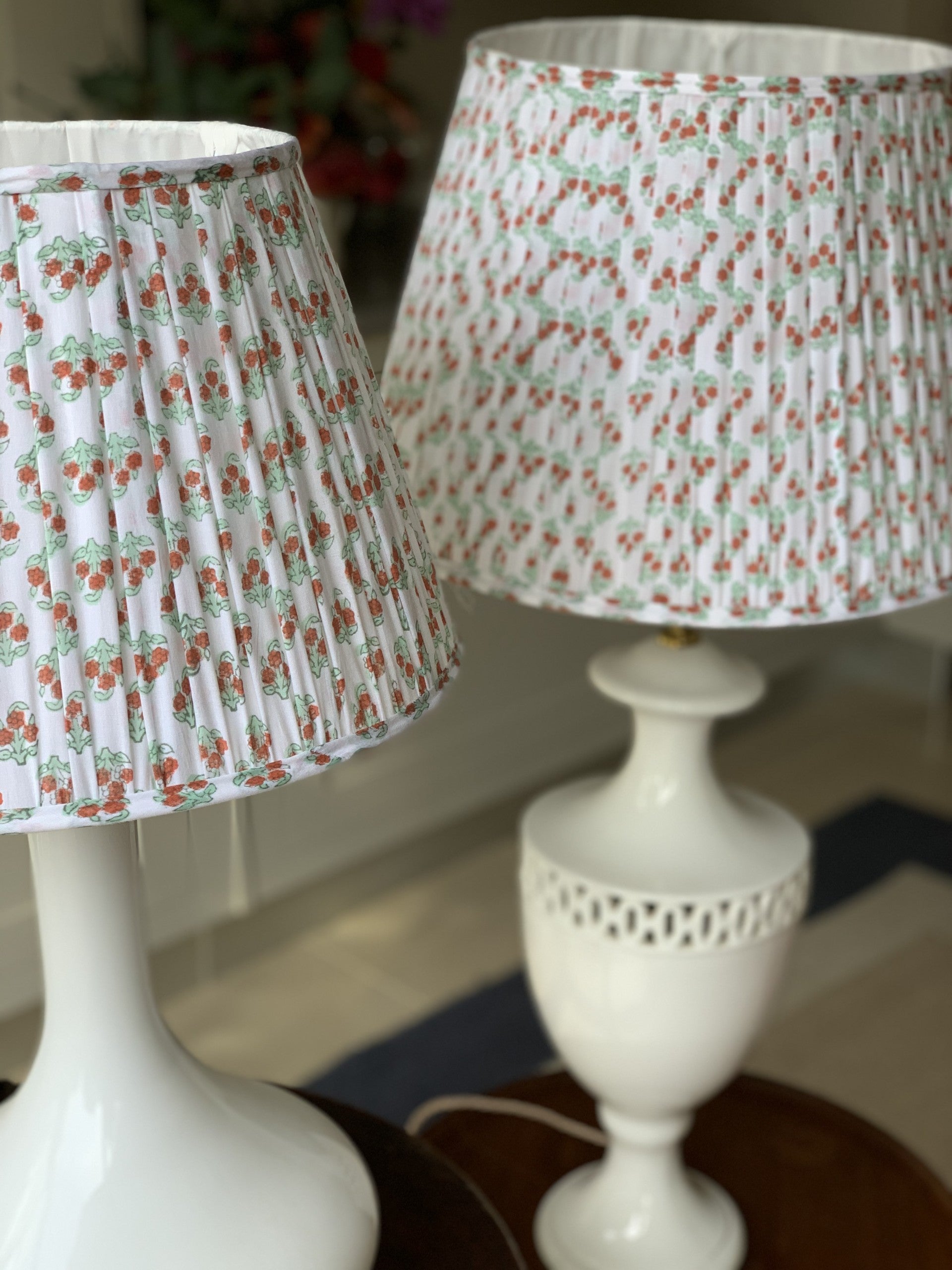 Small Ivory with Geometric Green and Orange Flowers Green Piping Lamp Shade (14 Inch)