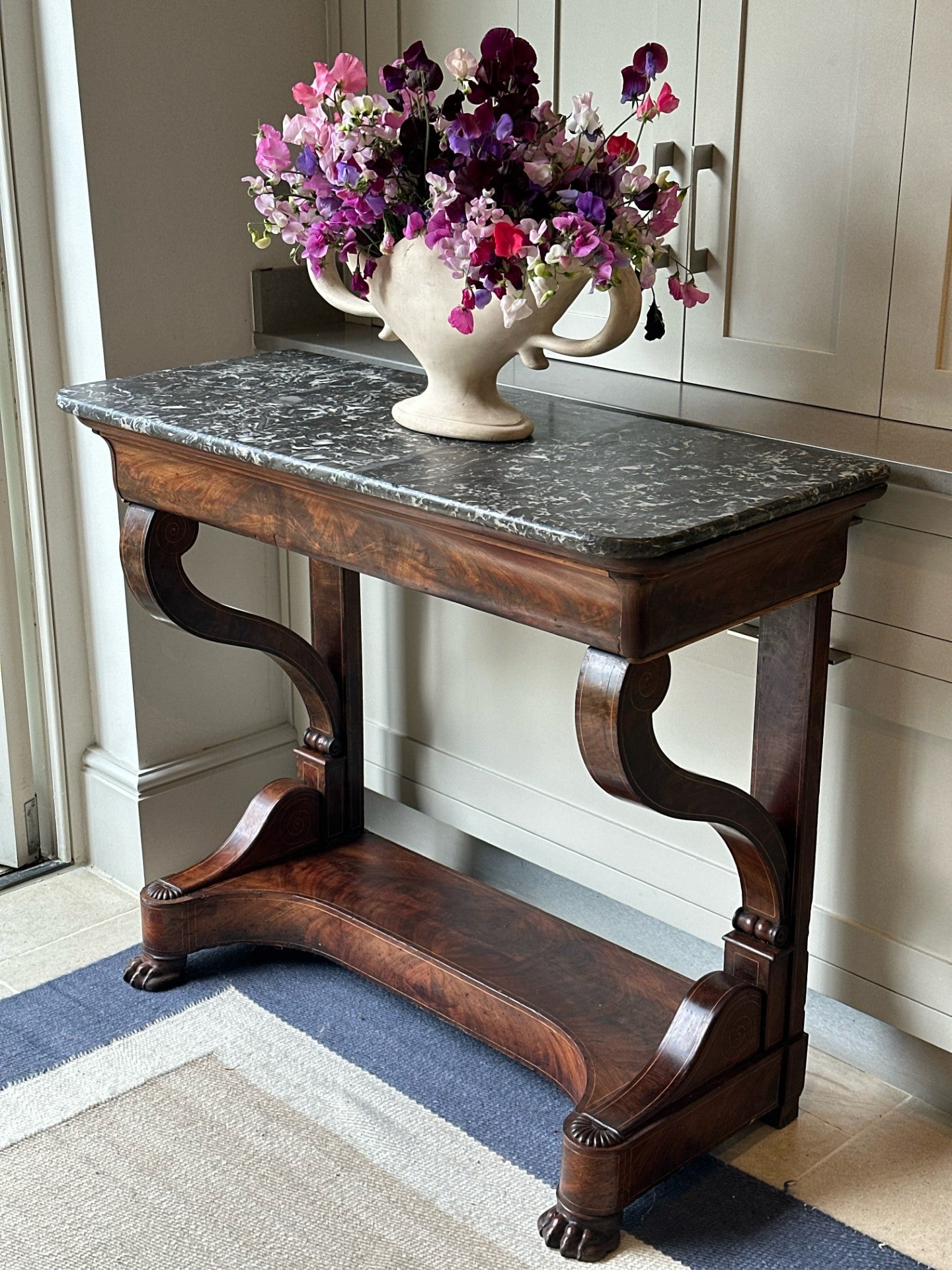 Small Mahogany Console Table with Grey Marble Top and Long Drawer