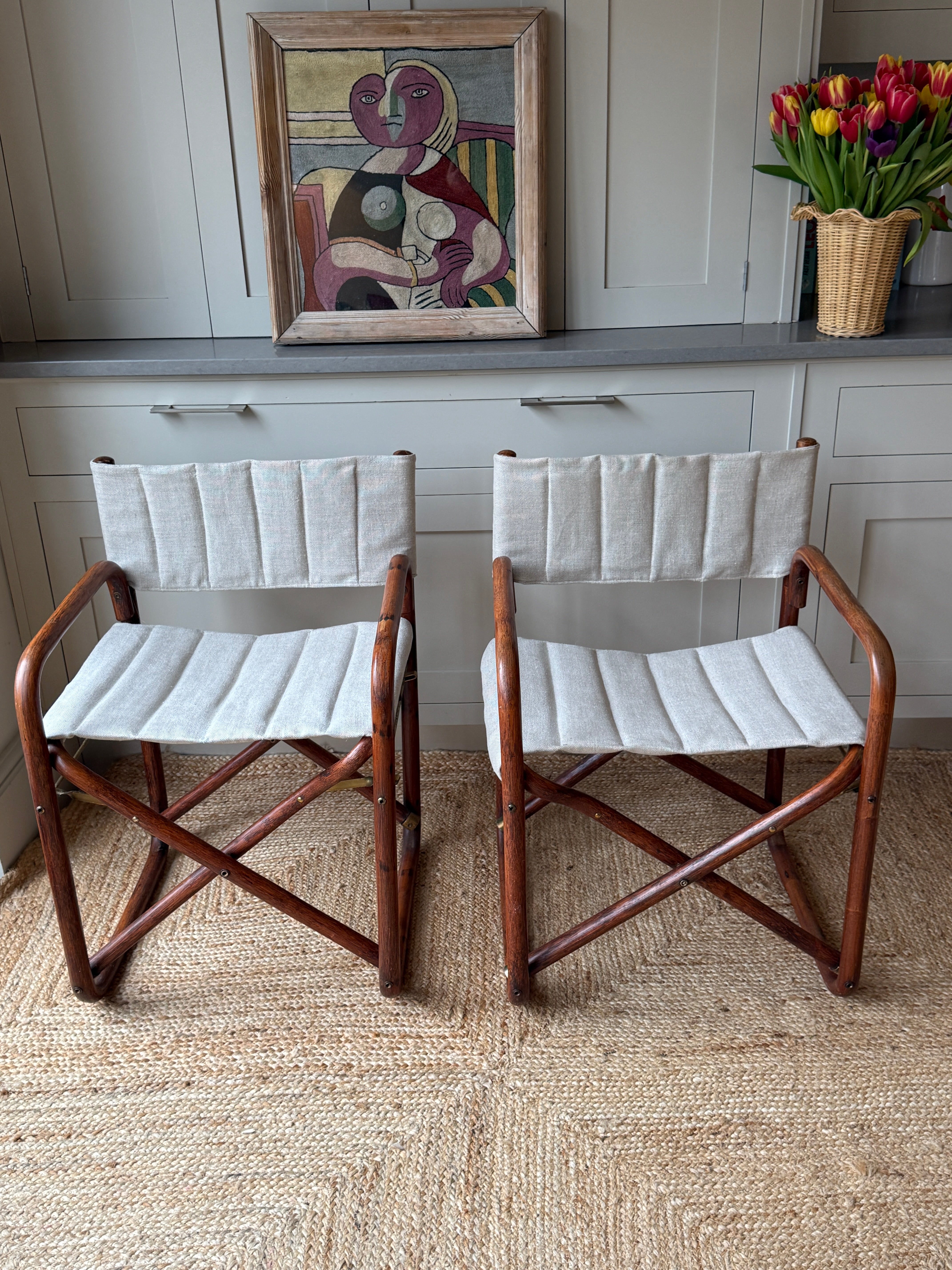 Pair of Italian Rattan and Brass Foldable Campaign Chairs