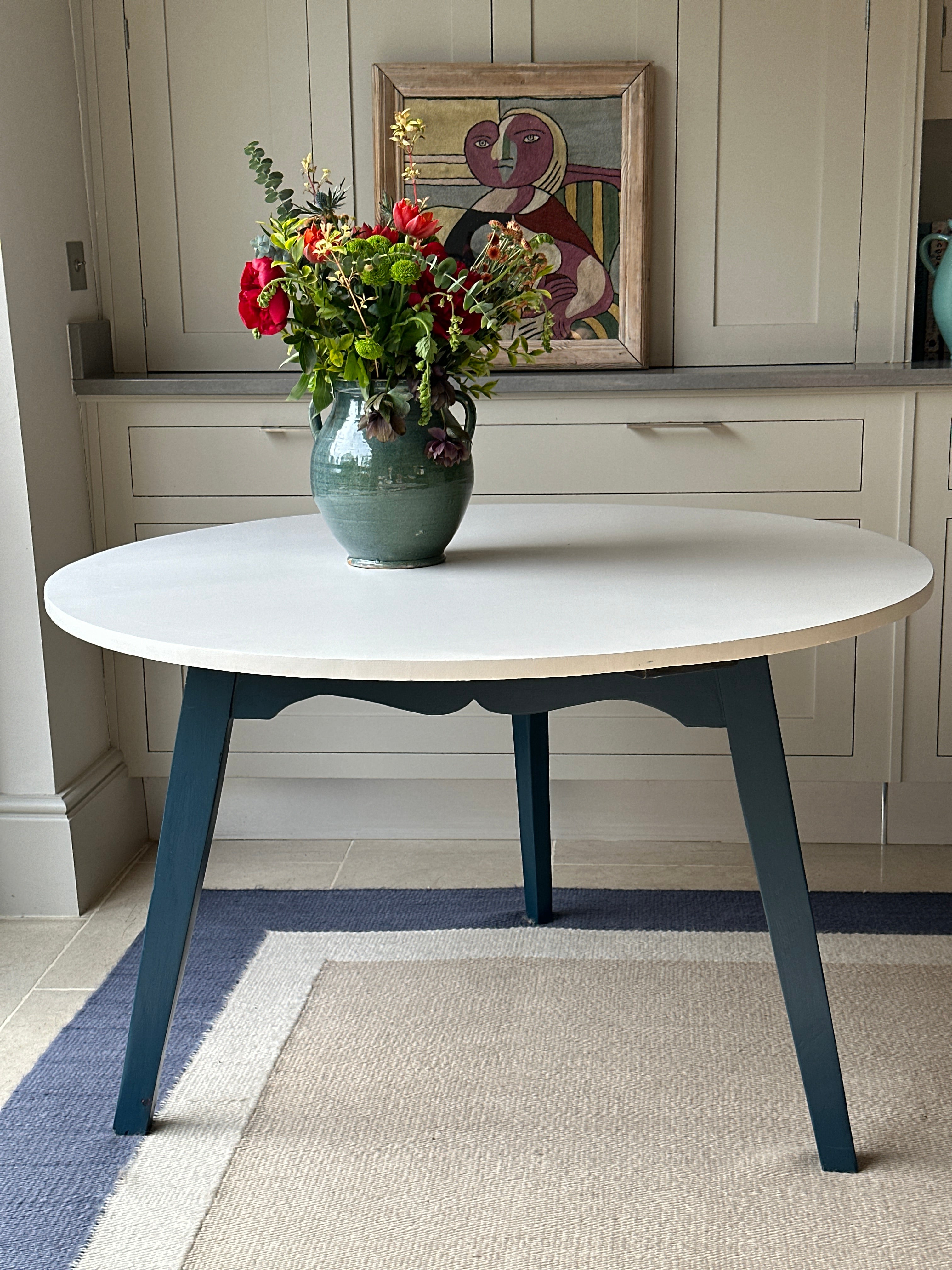 Medium Pine Cricket Centre Table with white Top and Navy blue base