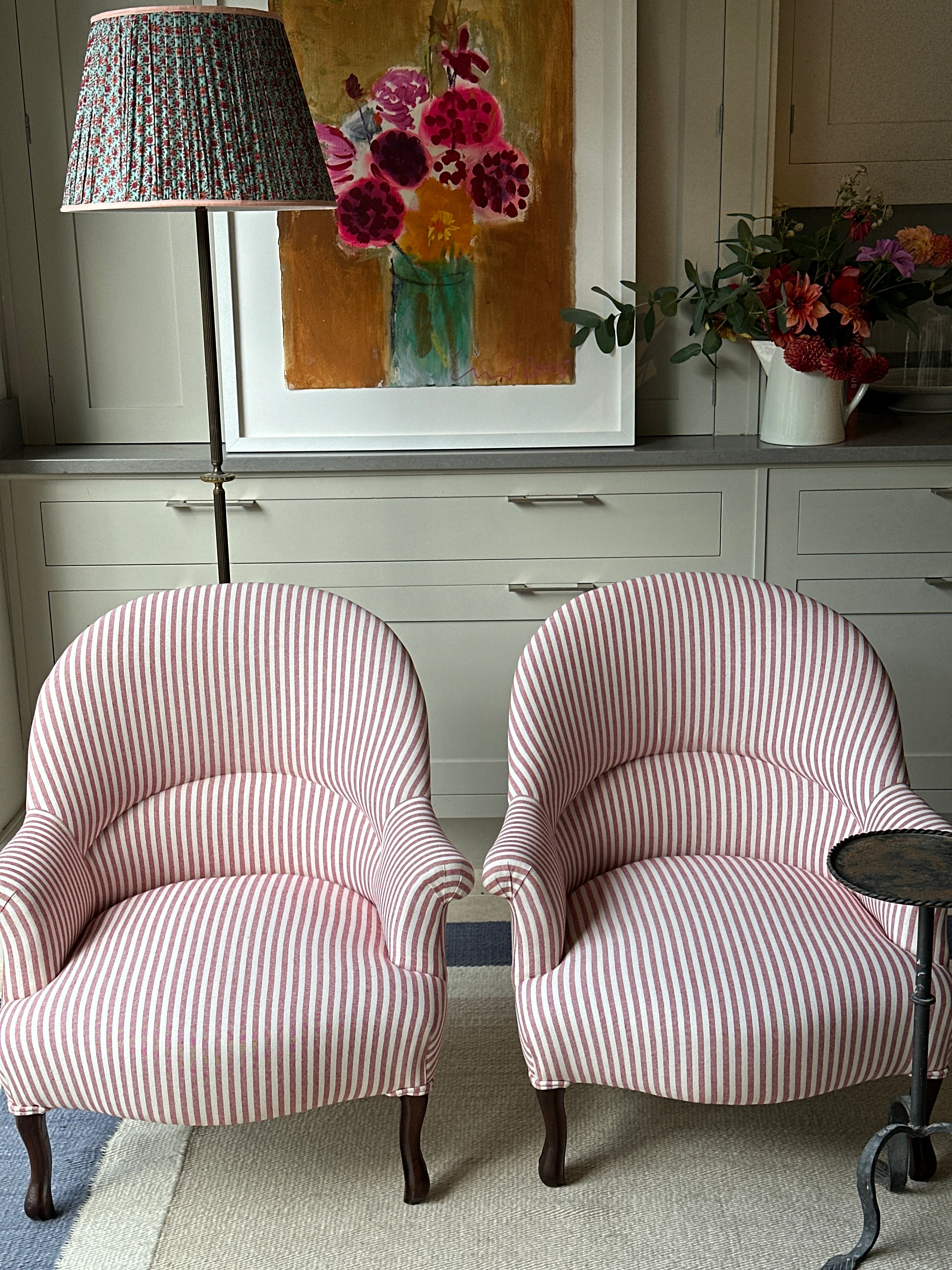C19th French Crapaud Tub Chairs in Red and White Ticking