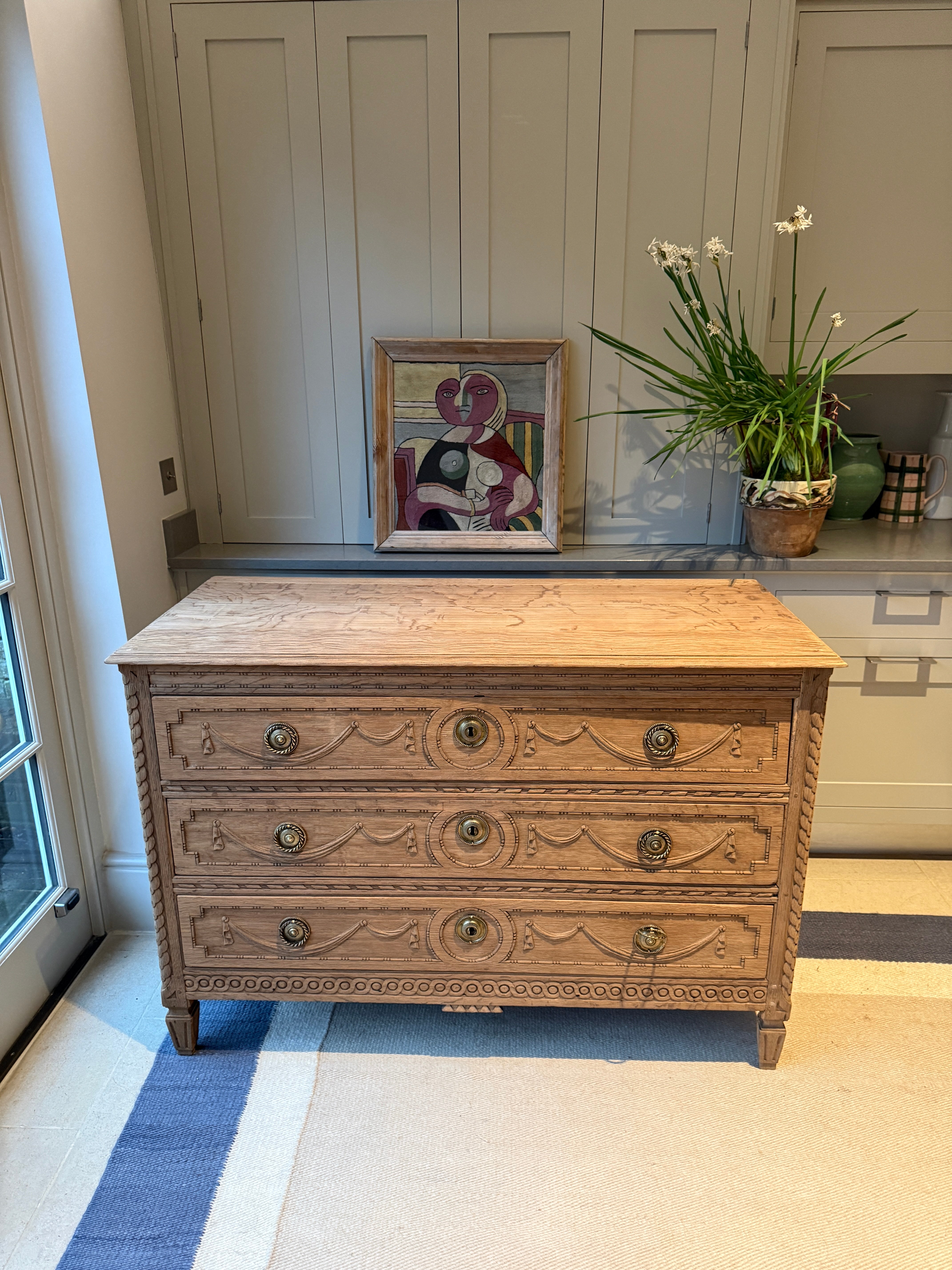 Bleached Oak Commode with Carved wood detail throughout