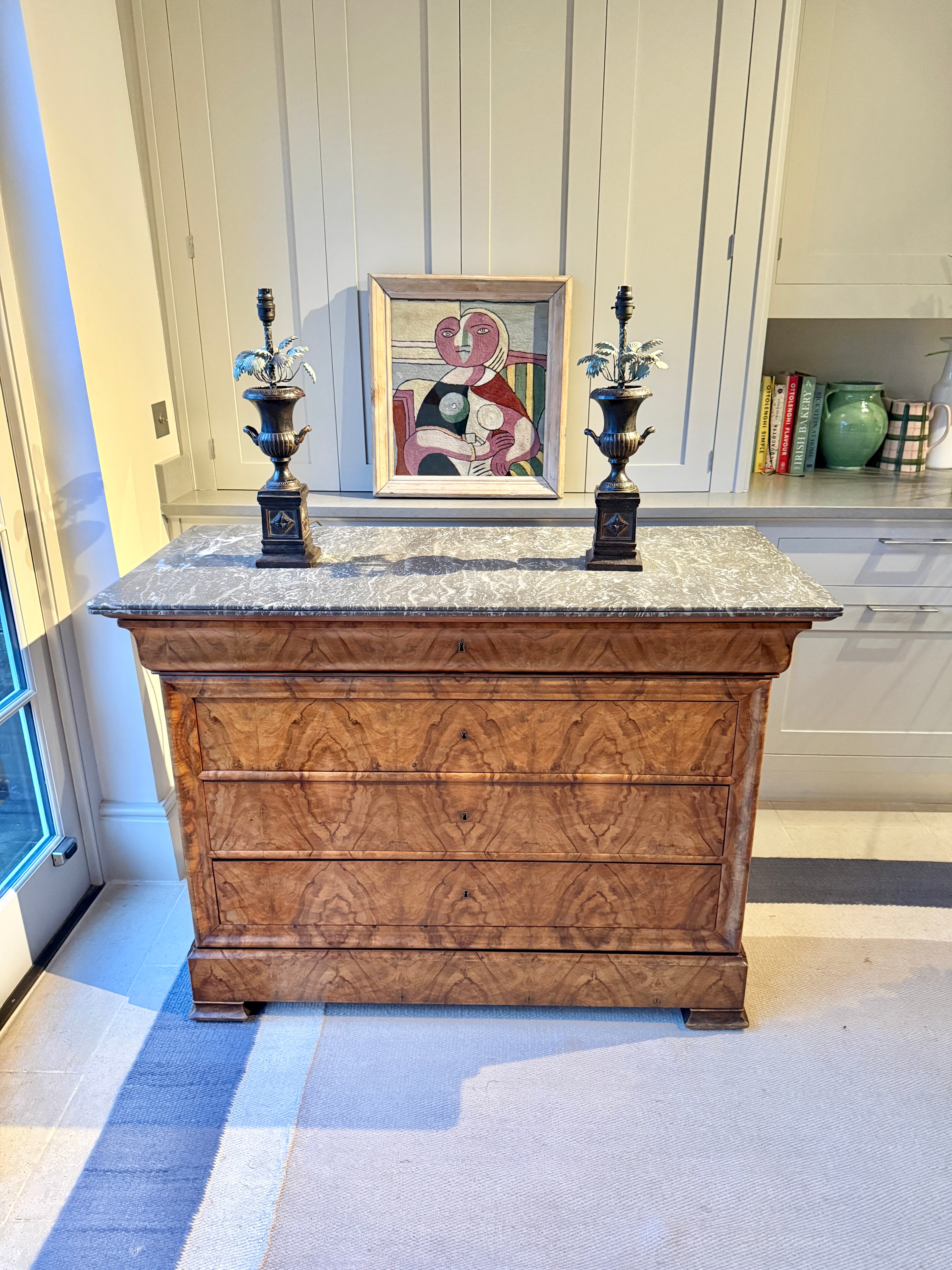 French Louis-Philippe walnut commode with grey marble top, circa 1835–1848