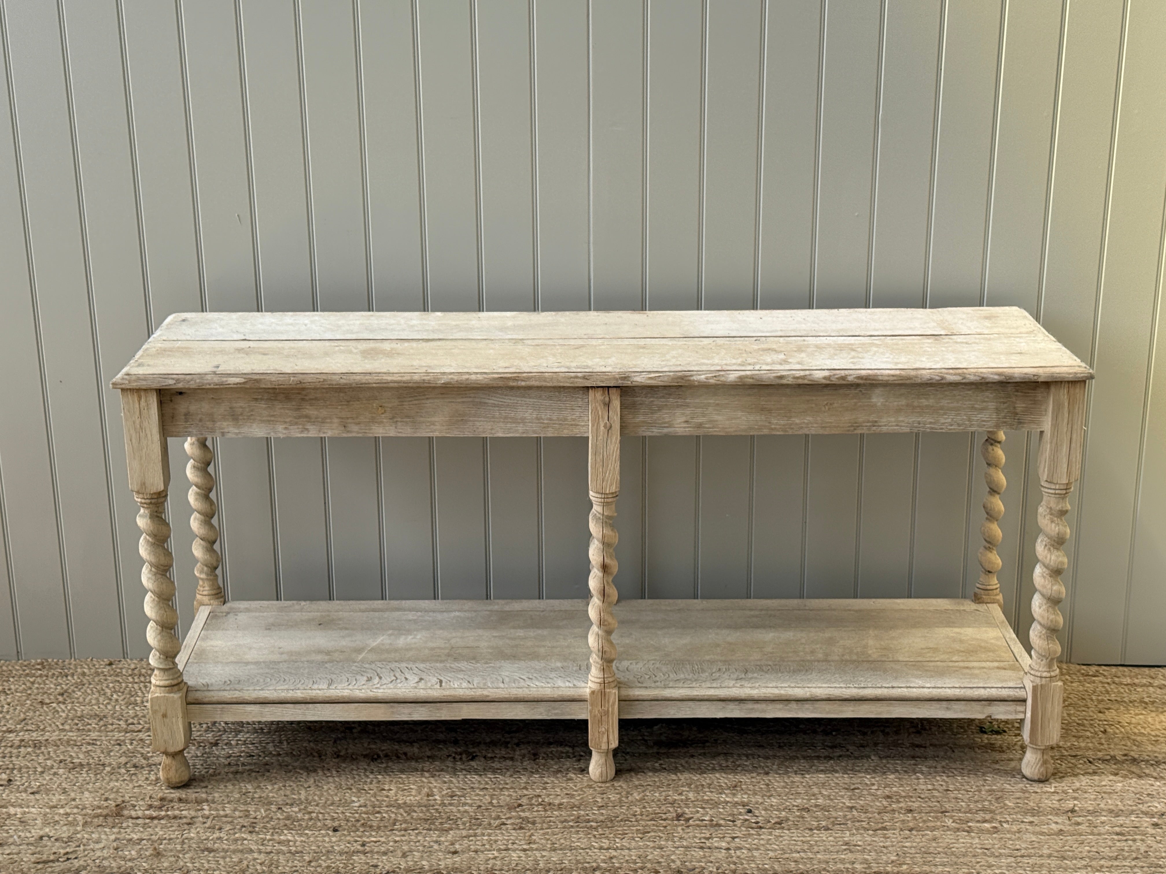 French Bleached Oak Two-Tier Console Table with Barley Twist Supports