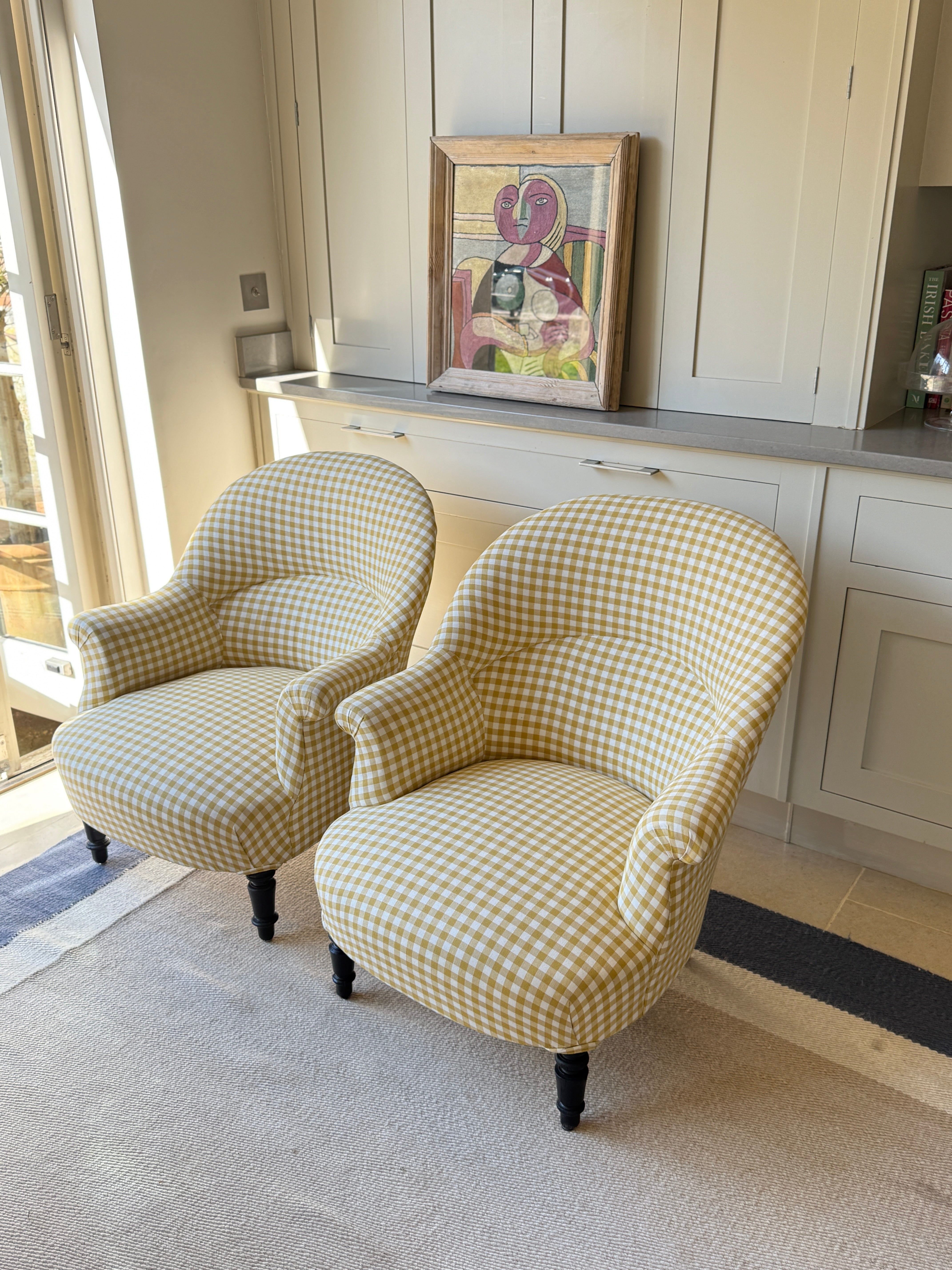 Pair of French Crapaud Tub Chairs in Yellow Gingham