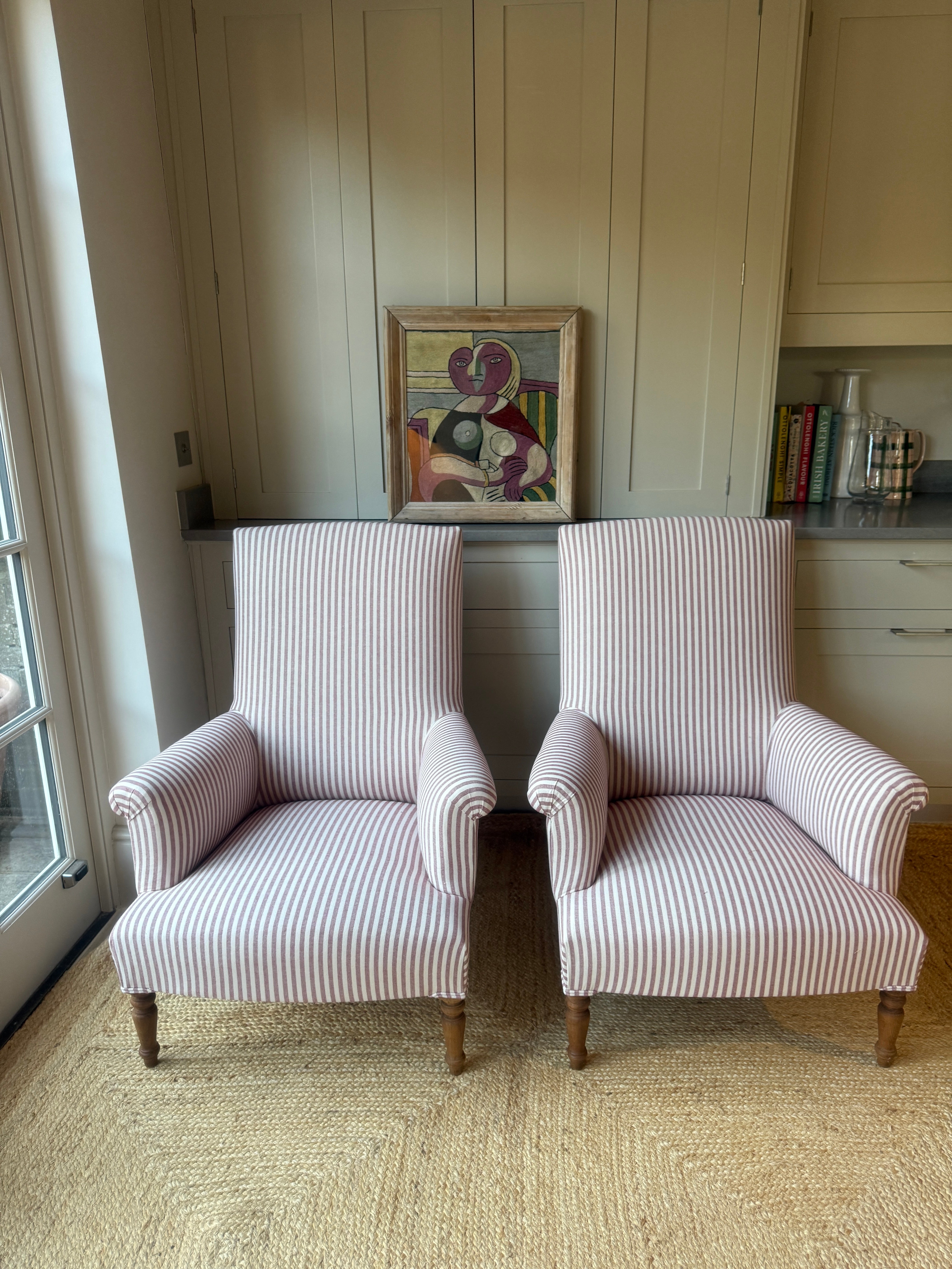 Large Pair of French Armchairs in red and white ticking