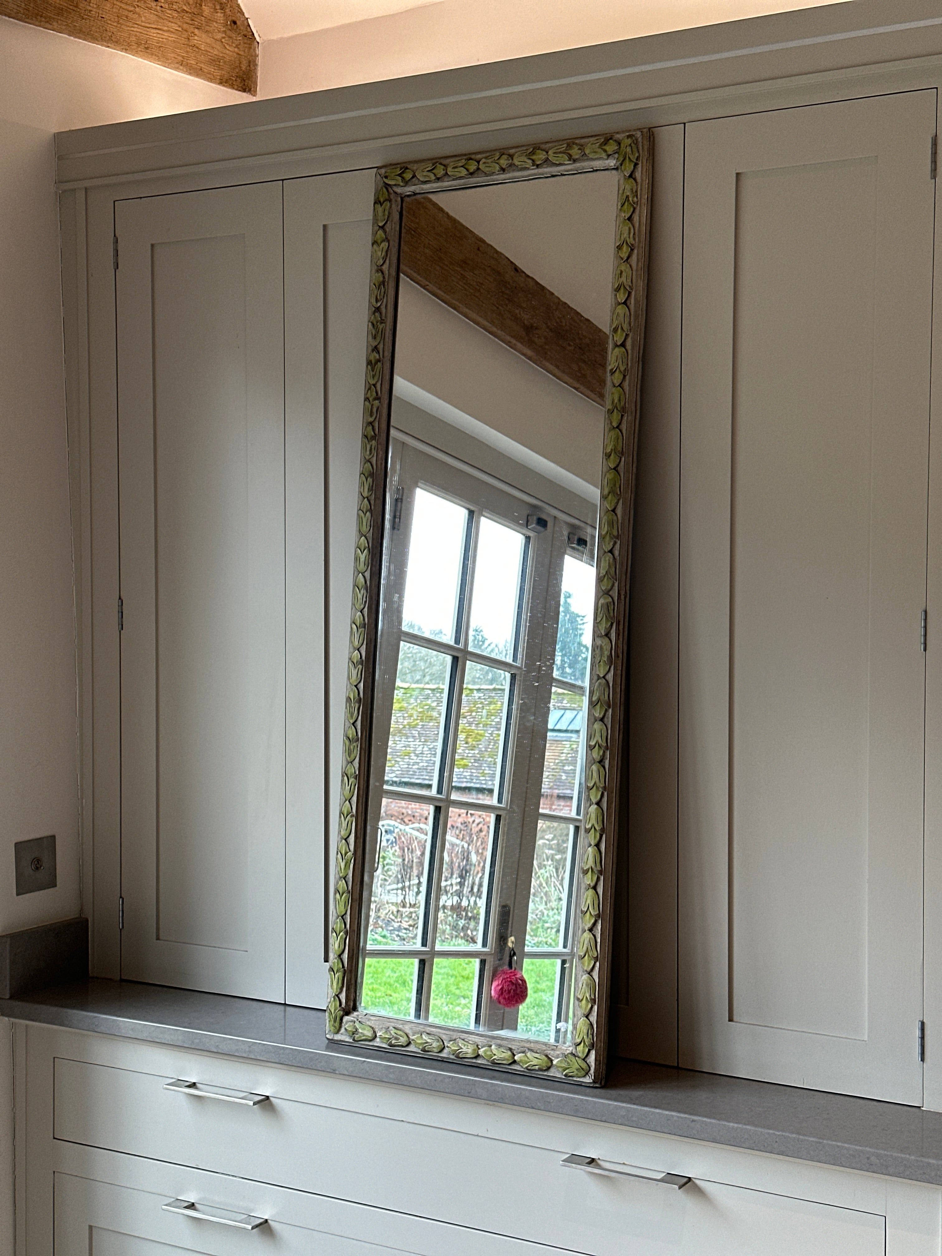 French Green Painted Mirror with Wood Carvings