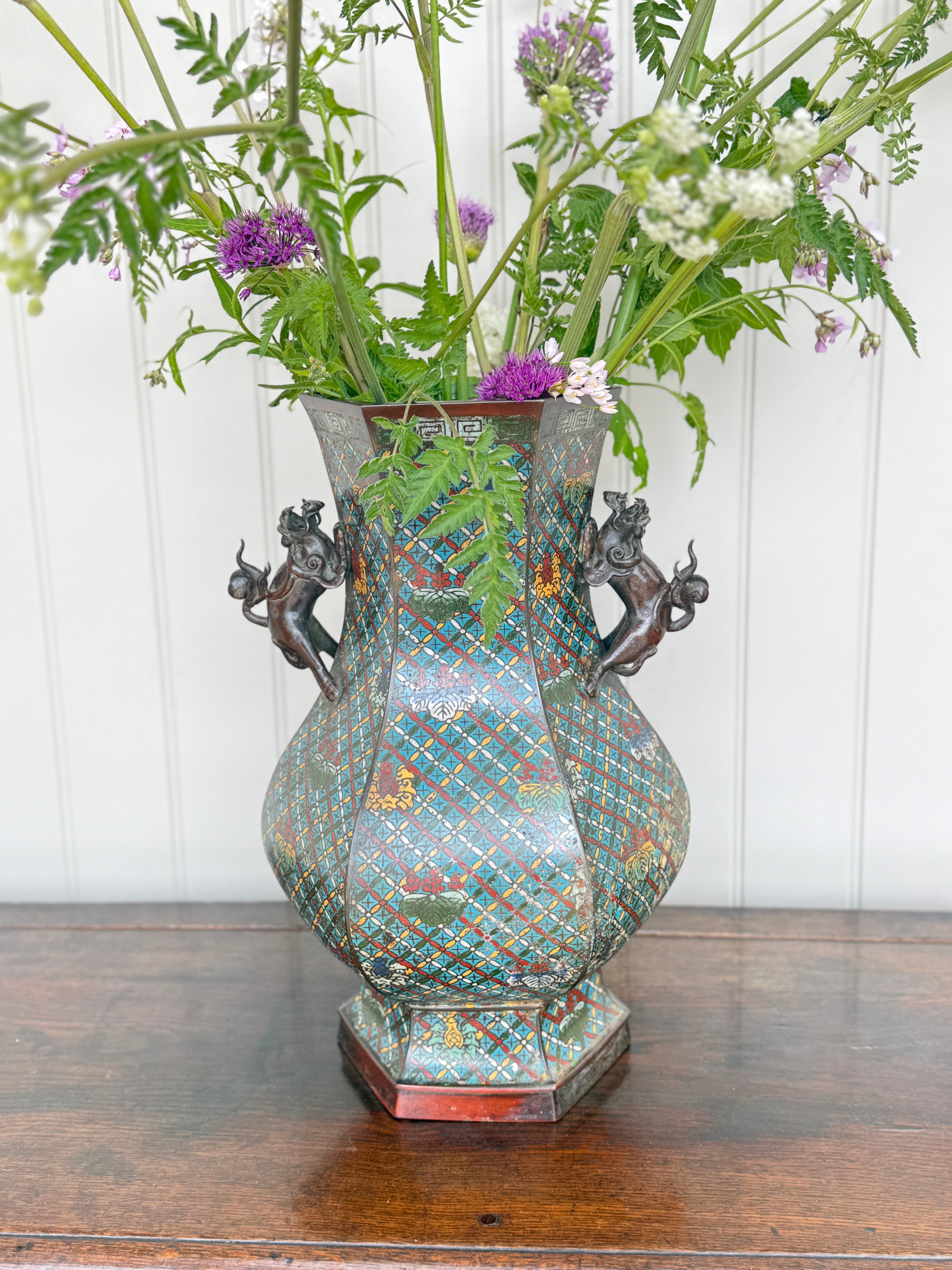 Chinese Cloisonné Hexagonal hu-form vase -Qing Dynasty