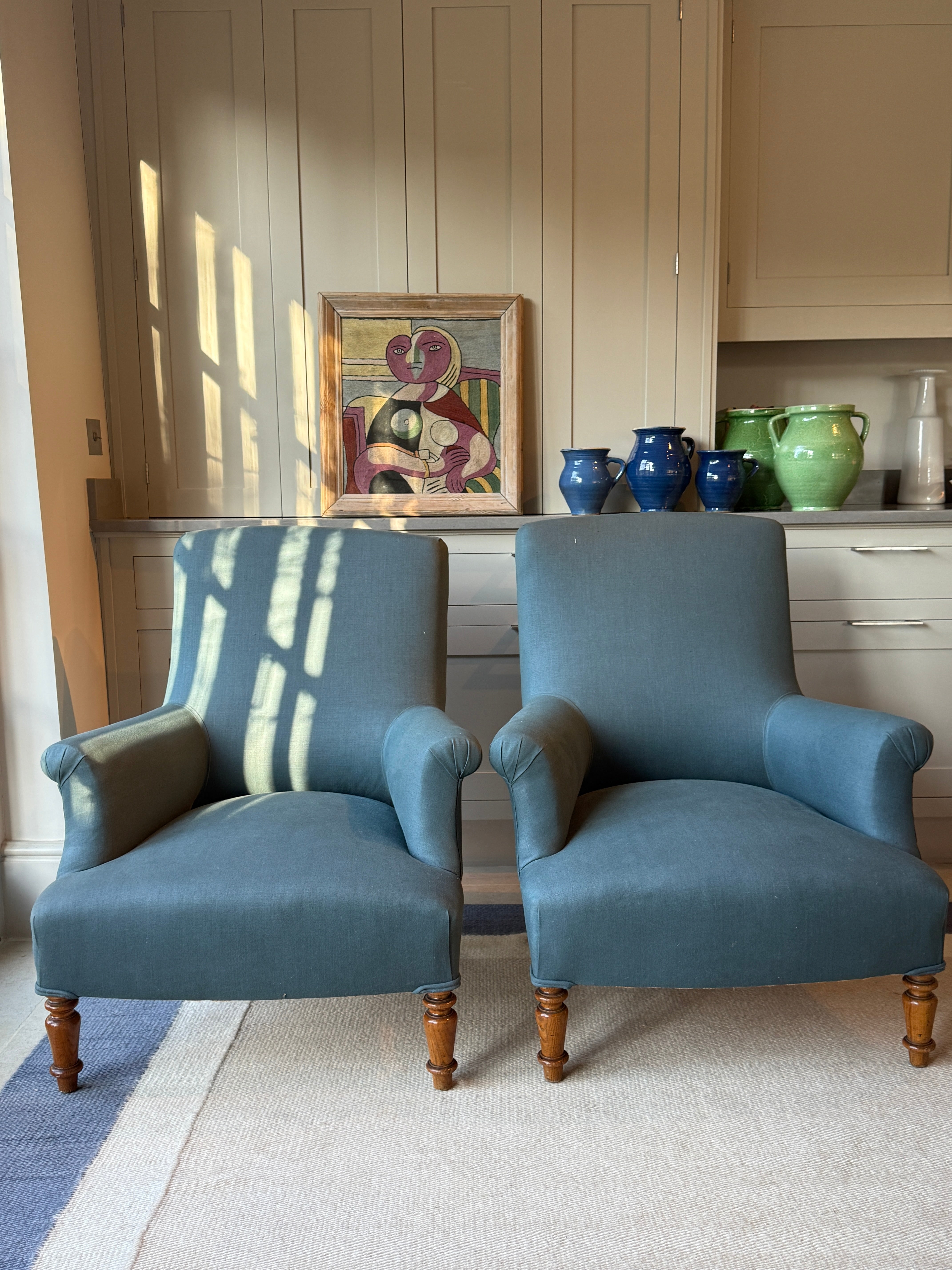 Pair of Armchairs in an RAF blue linen
