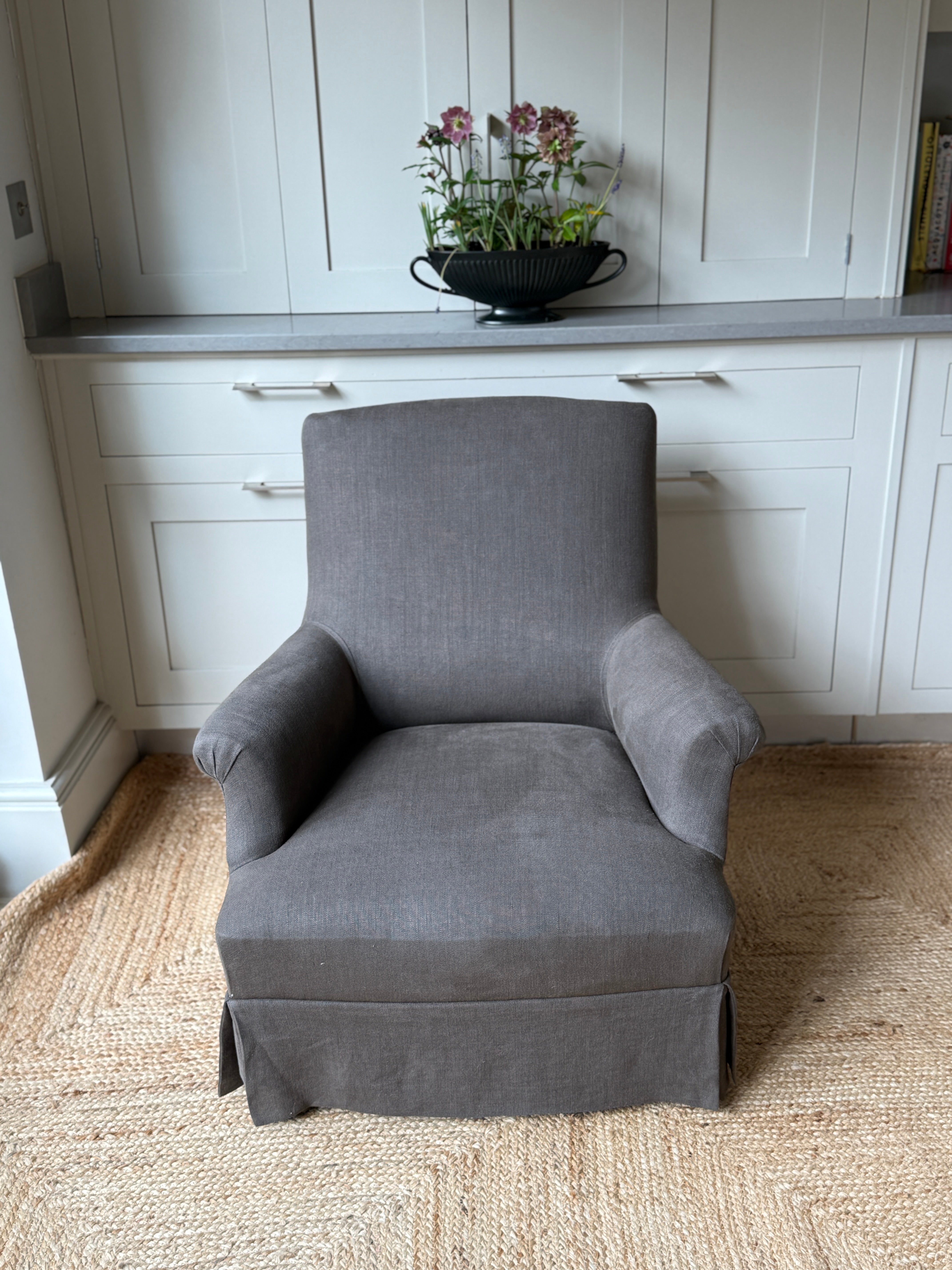 Single French Armchair in Heavy Brown Linen