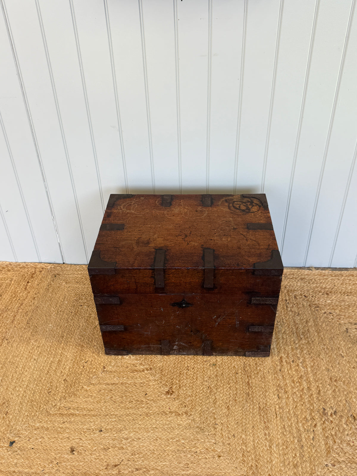 Antique Teak Strongbox with Iron Bound Corners and Inscribed Lid