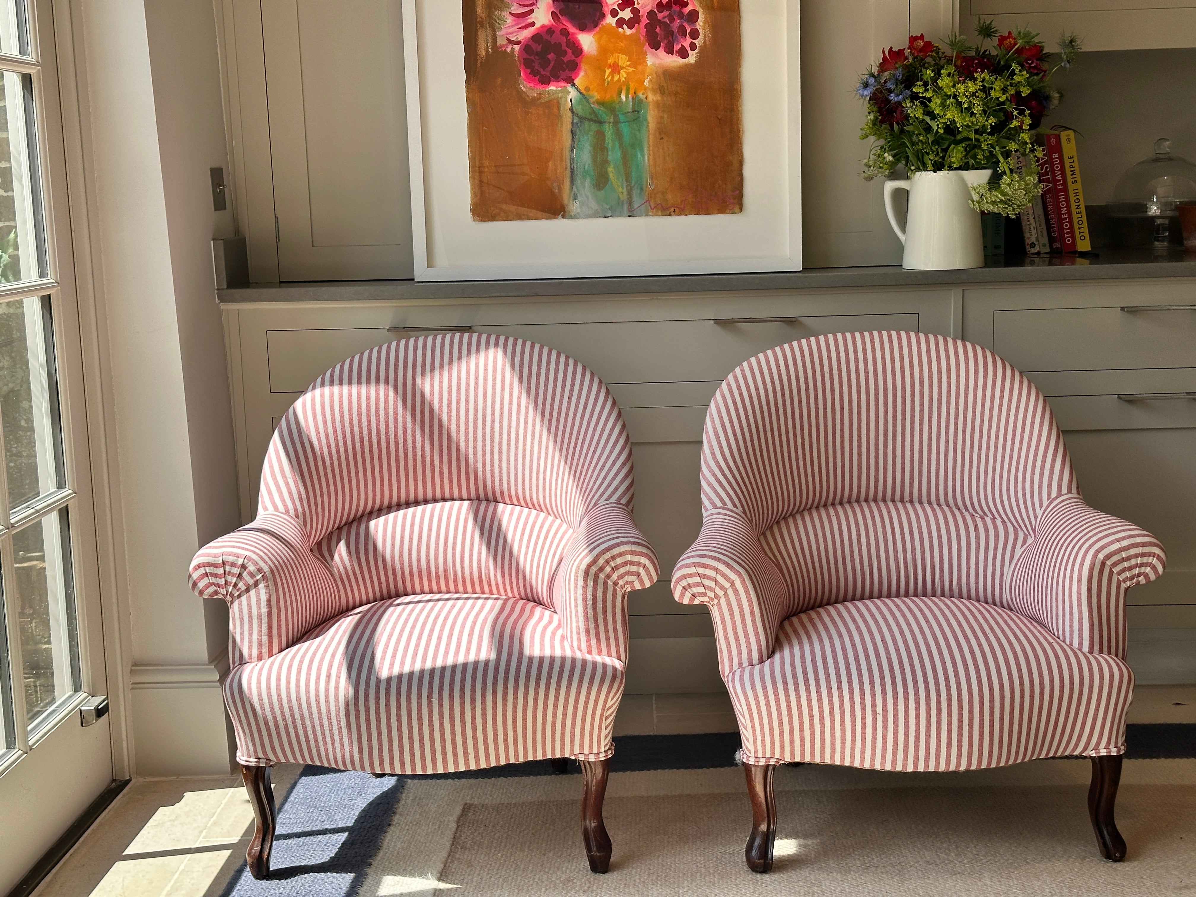 French Crapaud Tub Chairs in Red & White ticking.