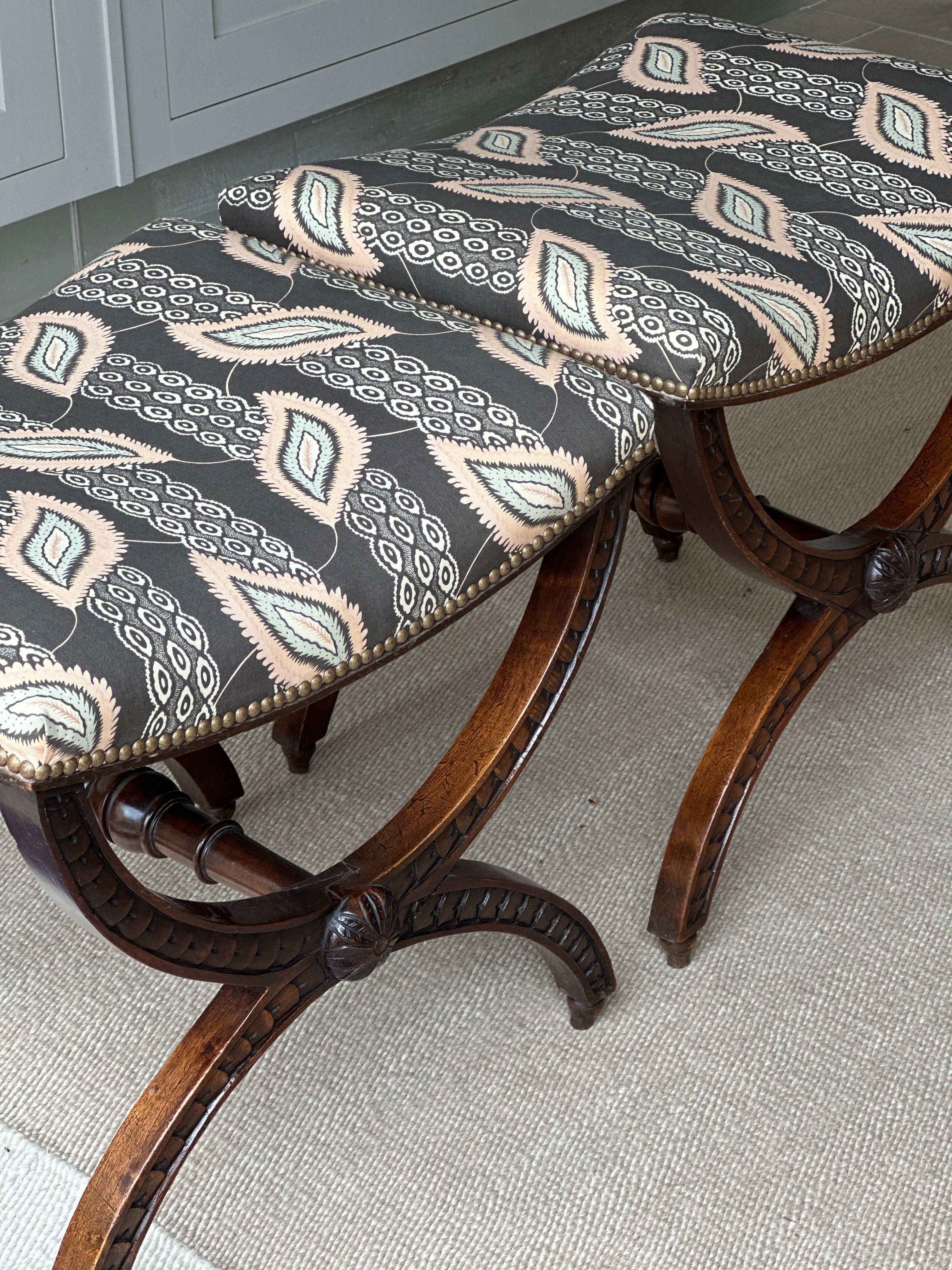 Pair of English X Frame Footstools in John Stefanidis Josephine