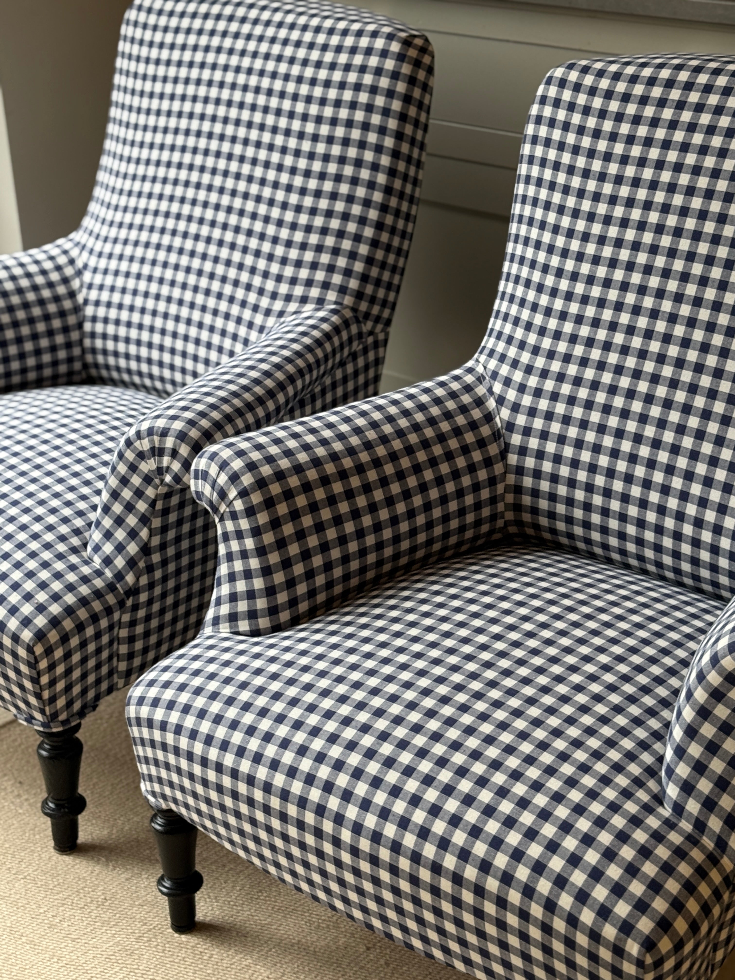 Pair of French Squareback Armchairs in Blue Gingham
