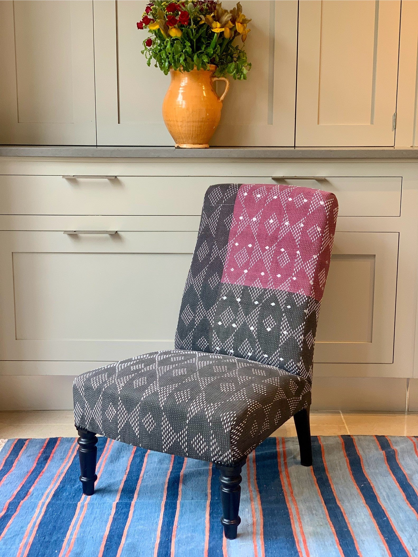 Single French Slipper Chair Reupholstered in a Vintage Purple and Black Kantha