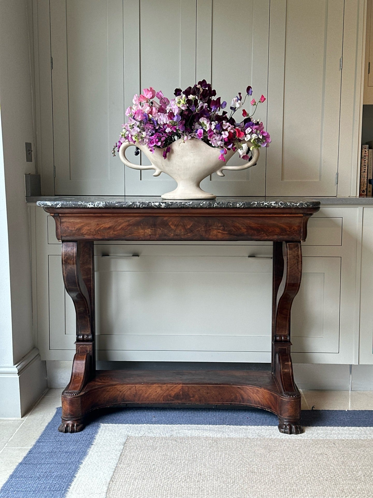 Small Mahogany Console Table with Grey Marble Top and Long Drawer