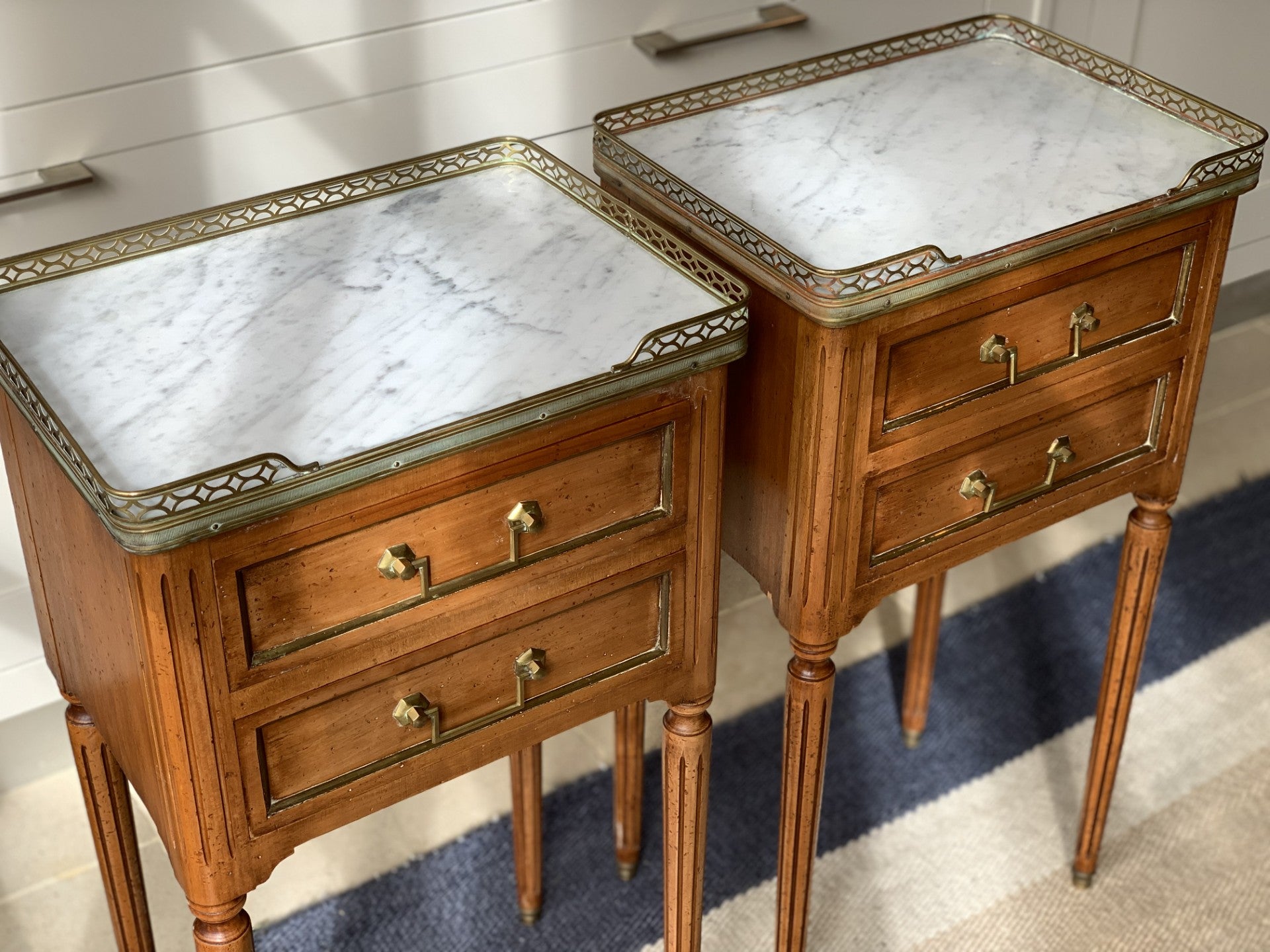 Pair of French Marble Topped Bedside Tables with Brass Galleries