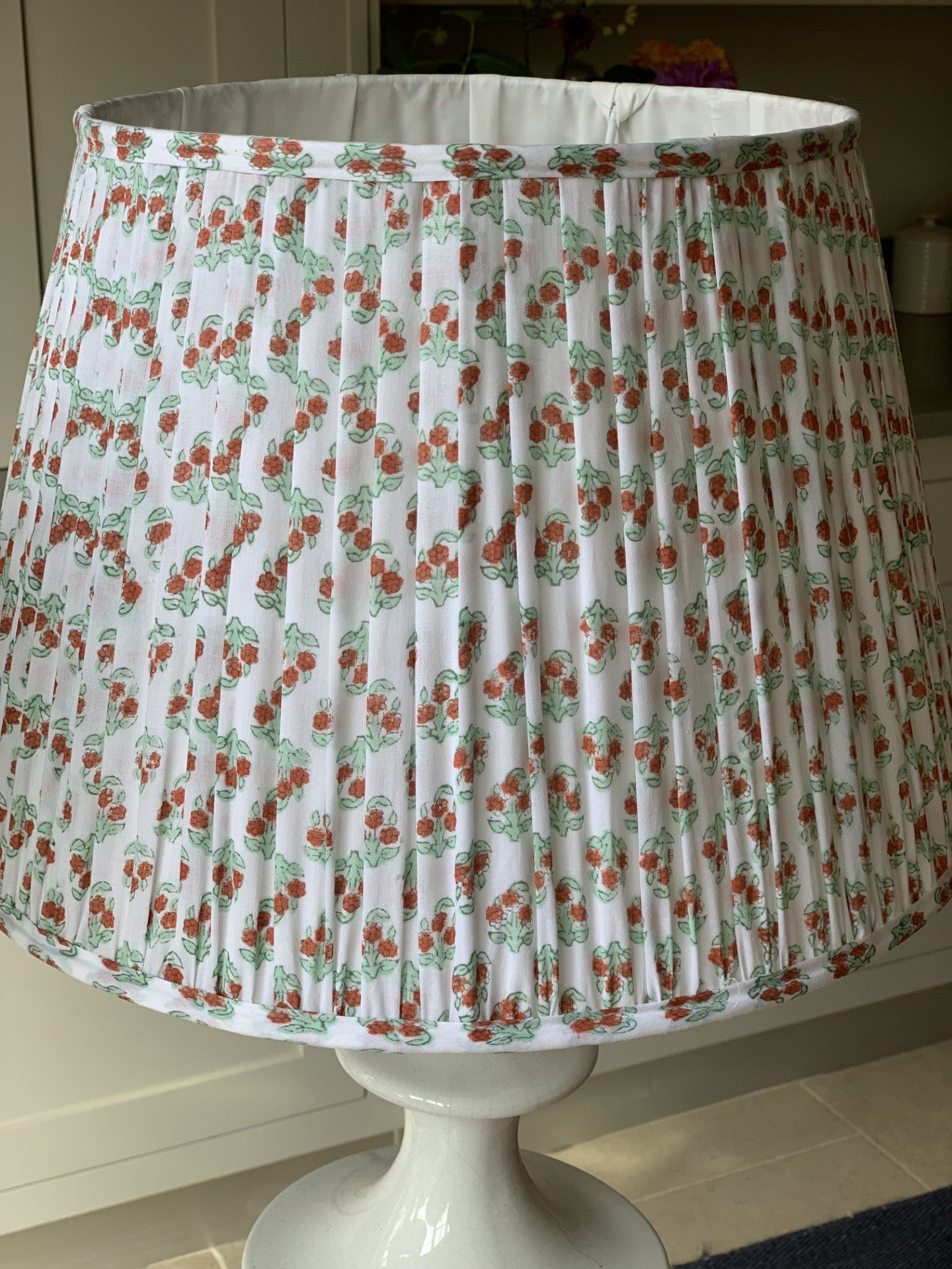 Small Ivory with Geometric Green and Orange Flowers Green Piping Lamp Shade (14 Inch)