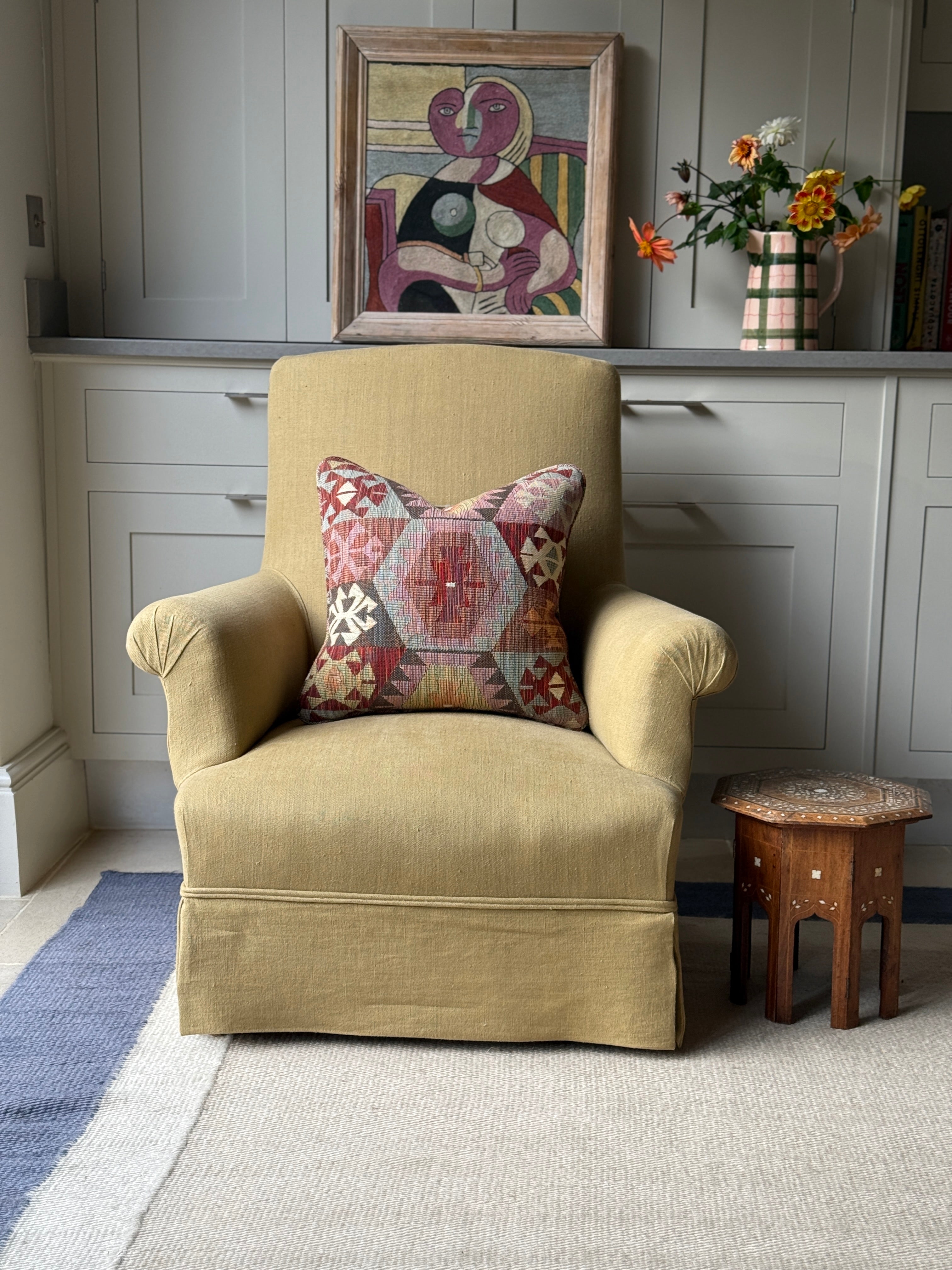 French Squareback Chair Upholstered on yellow linen with skirt