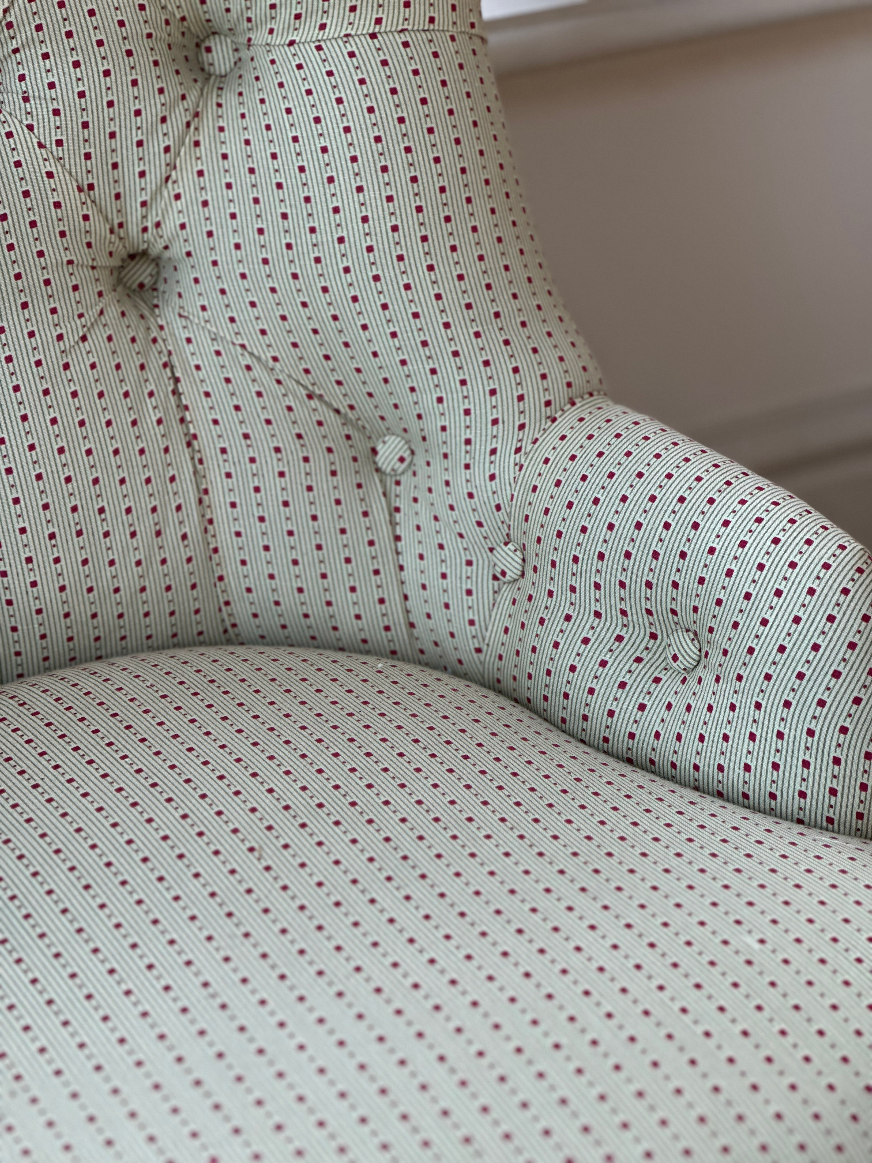 English Button Back Tub Chair in Tonal Ticking by Kathryn M Ireland