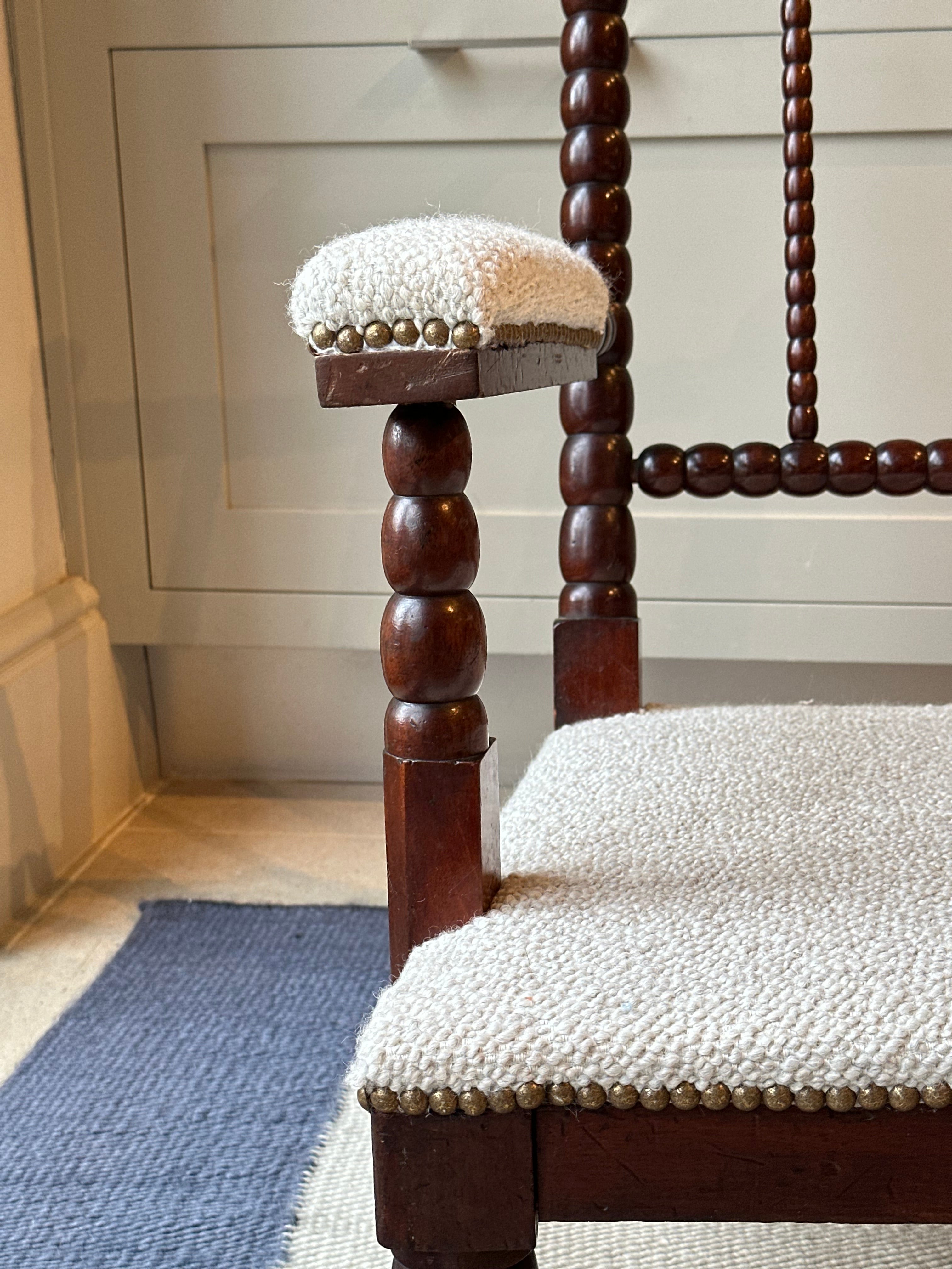 Early C20th Bobbin Turned Open Chair in soft oatmeal coloured wool