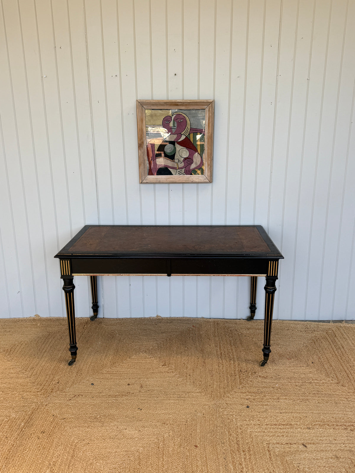 Victorian Aesthetic Movement Ebonised Writing Table with Gilt Detail and Leather Top