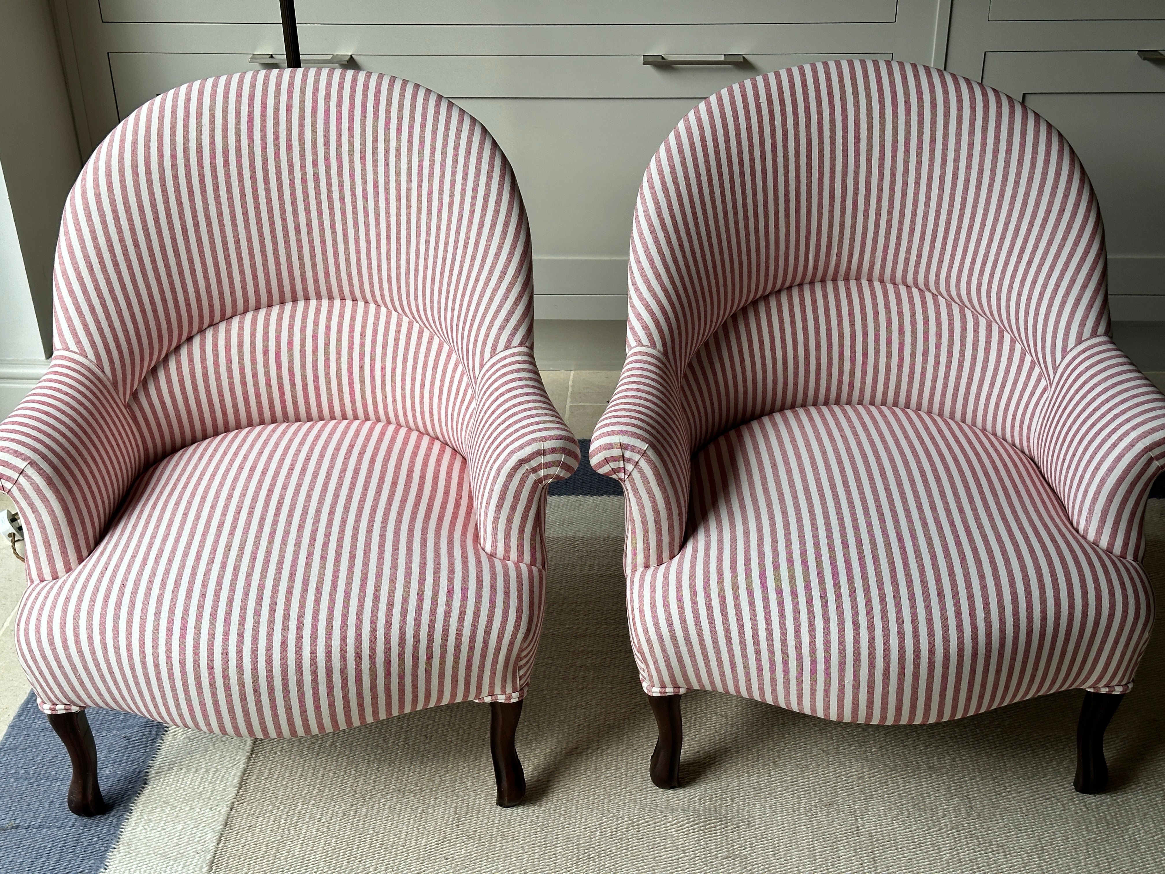 C19th French Crapaud Tub Chairs in Red and White Ticking