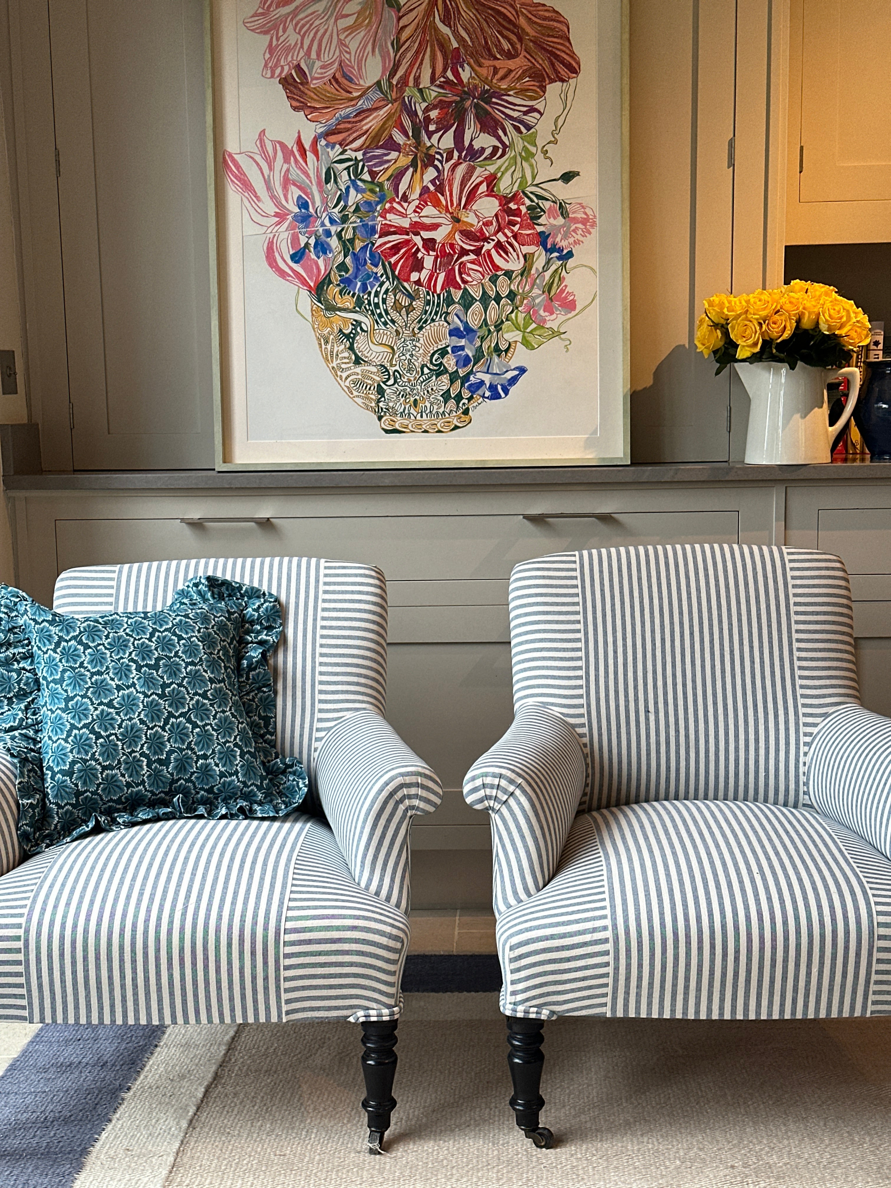 Small Napoleon III Squareback Armchairs in blue ticking