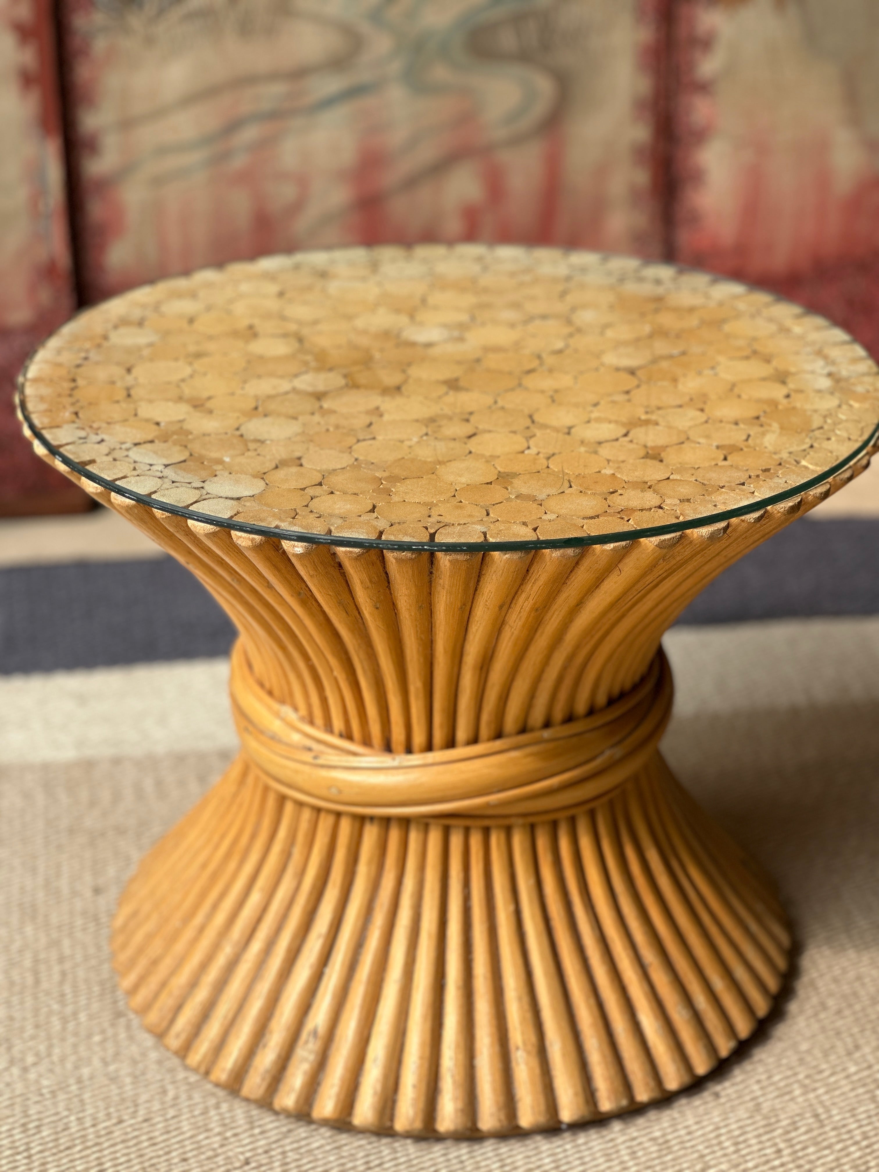 Very Small Vintage McGuire Table with Glass Top