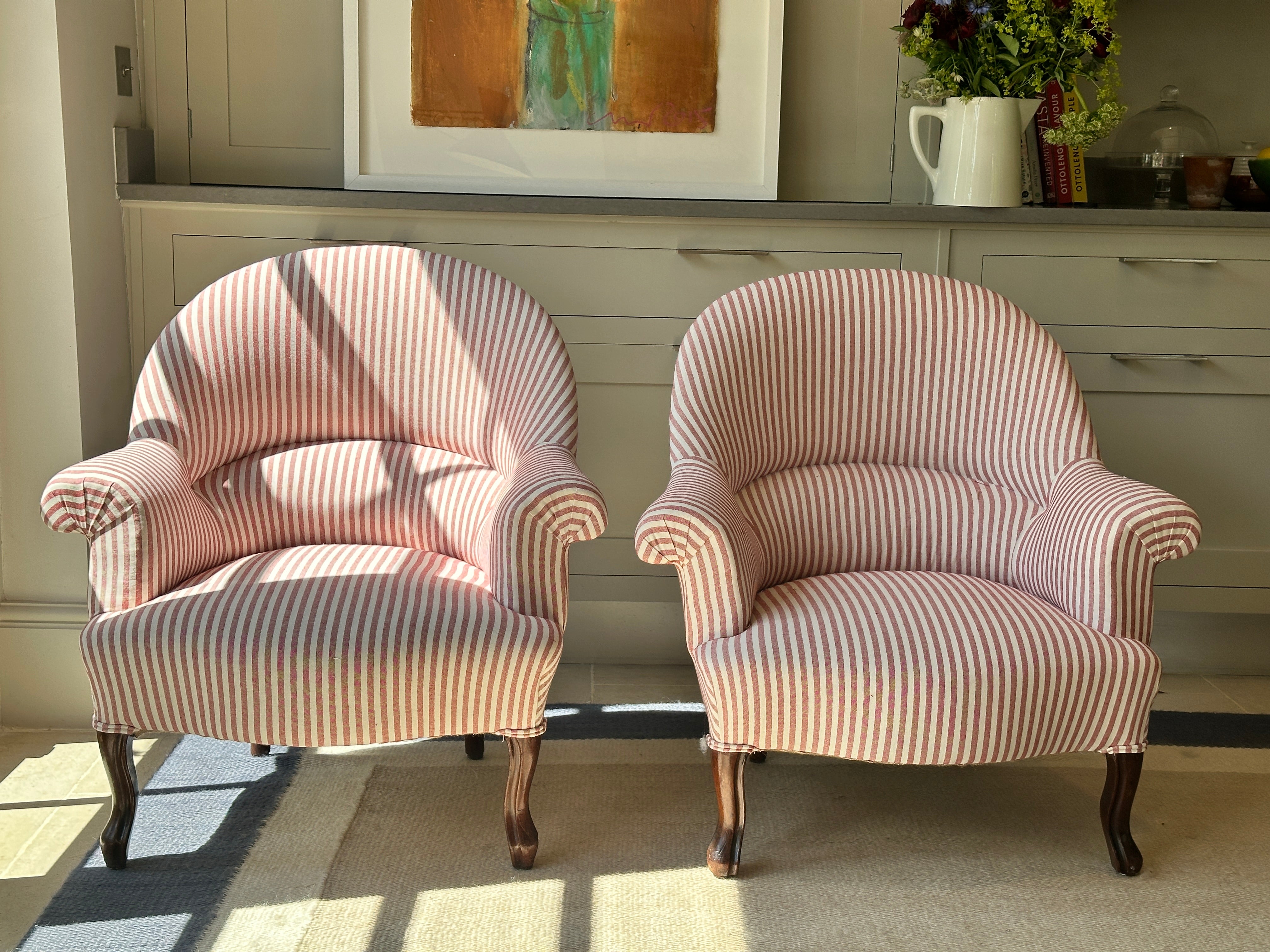 French Crapaud Tub Chairs in Red & White ticking.