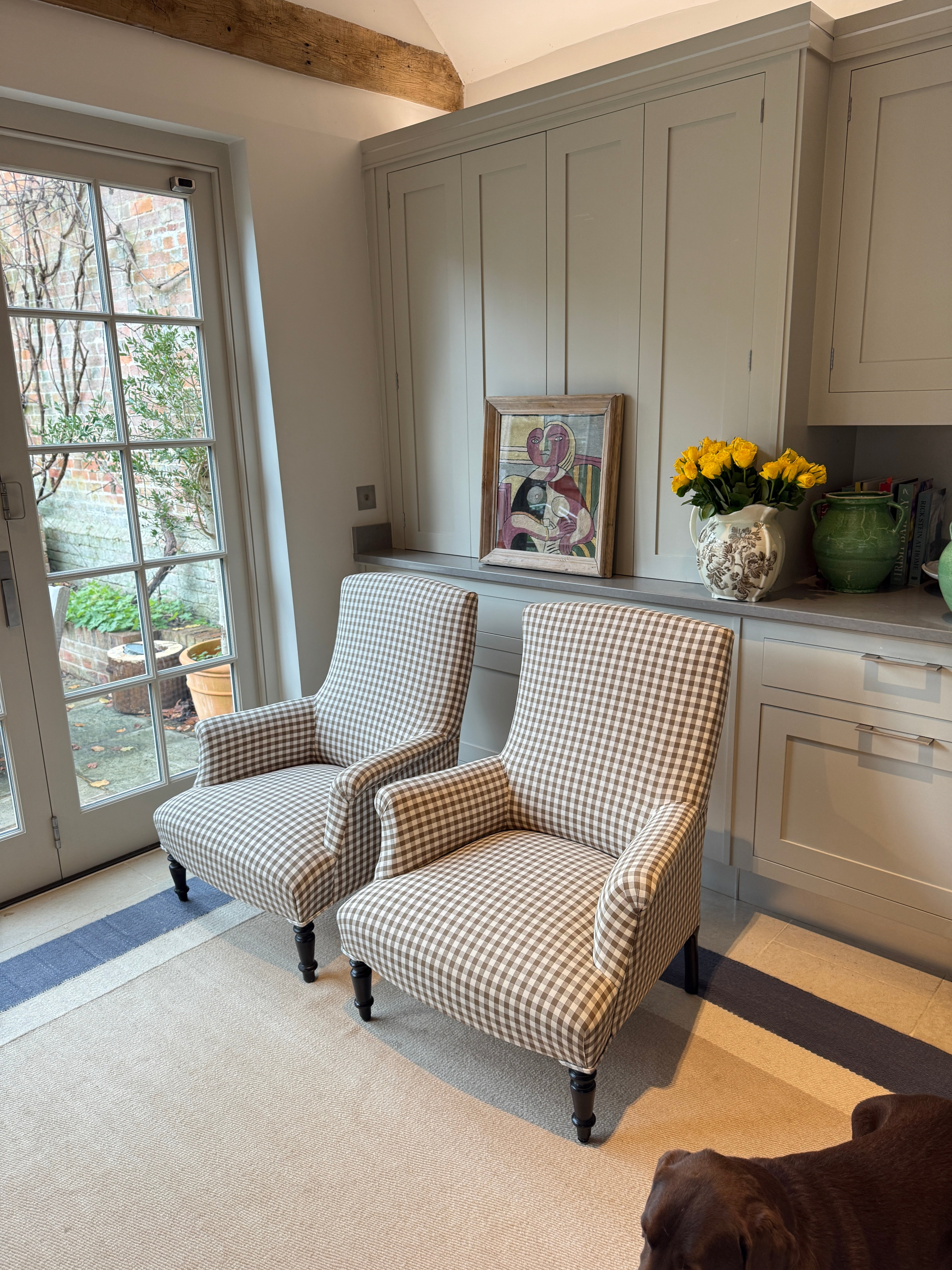 Pair of French Squareback Chairs in Brown Gingham