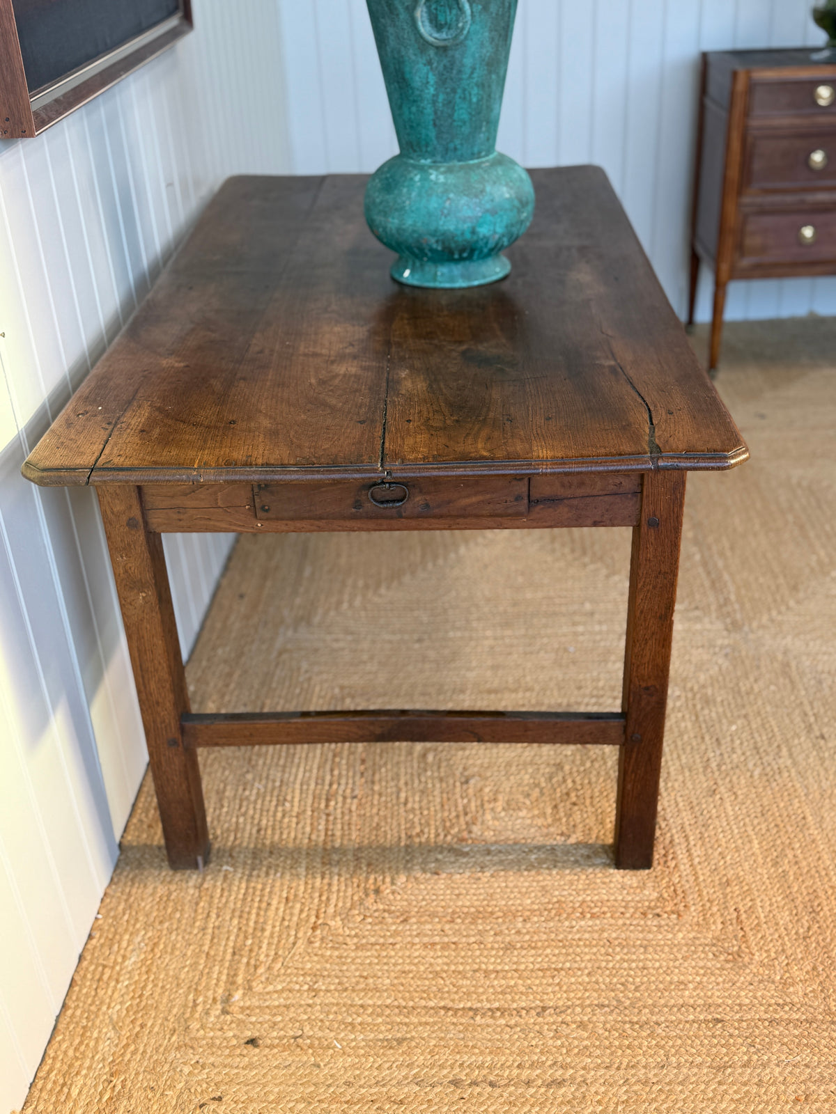 Small French Oak Farmhouse Dining Table with Small Drawer