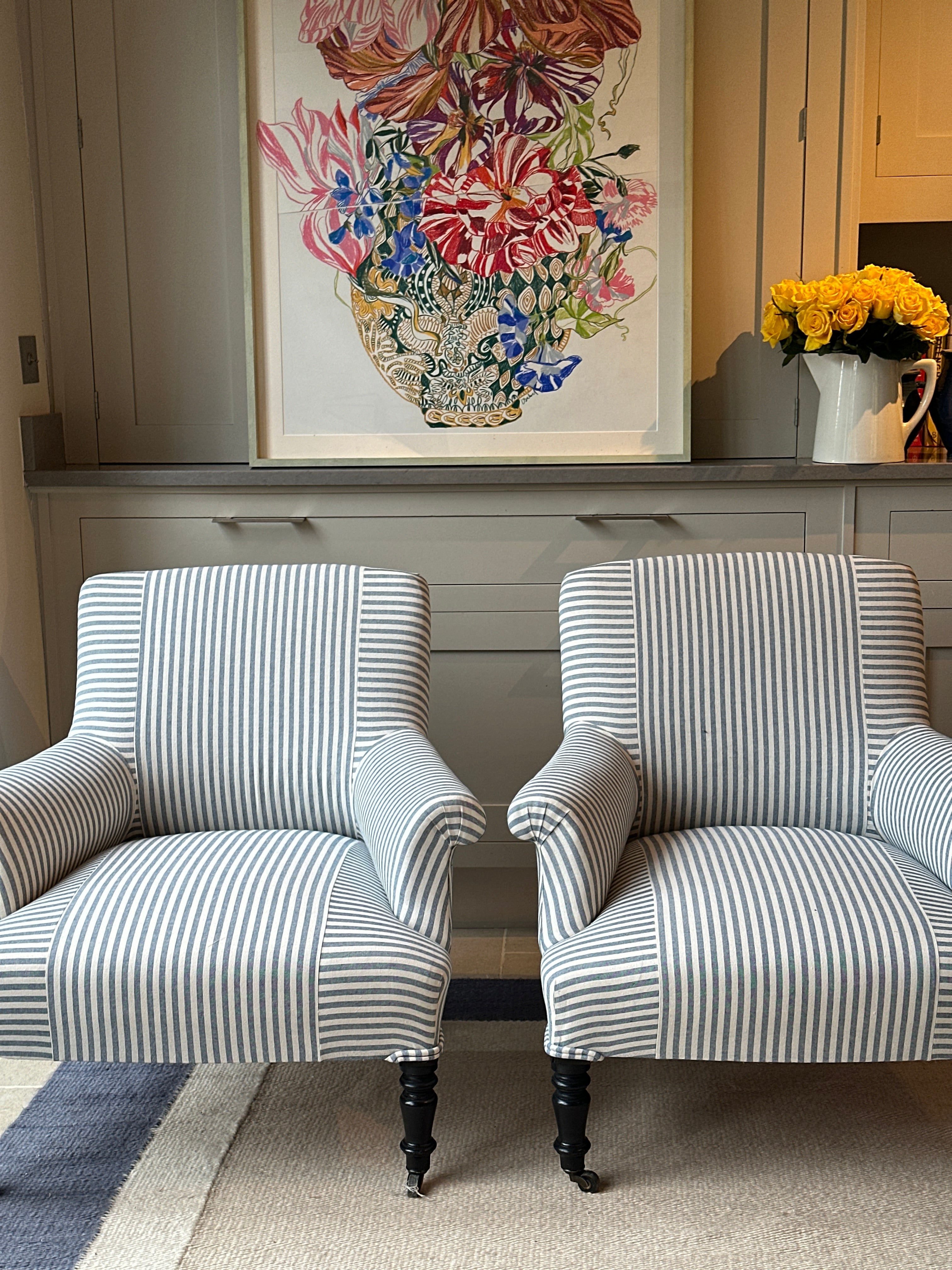 Small Napoleon III Squareback Armchairs in blue ticking