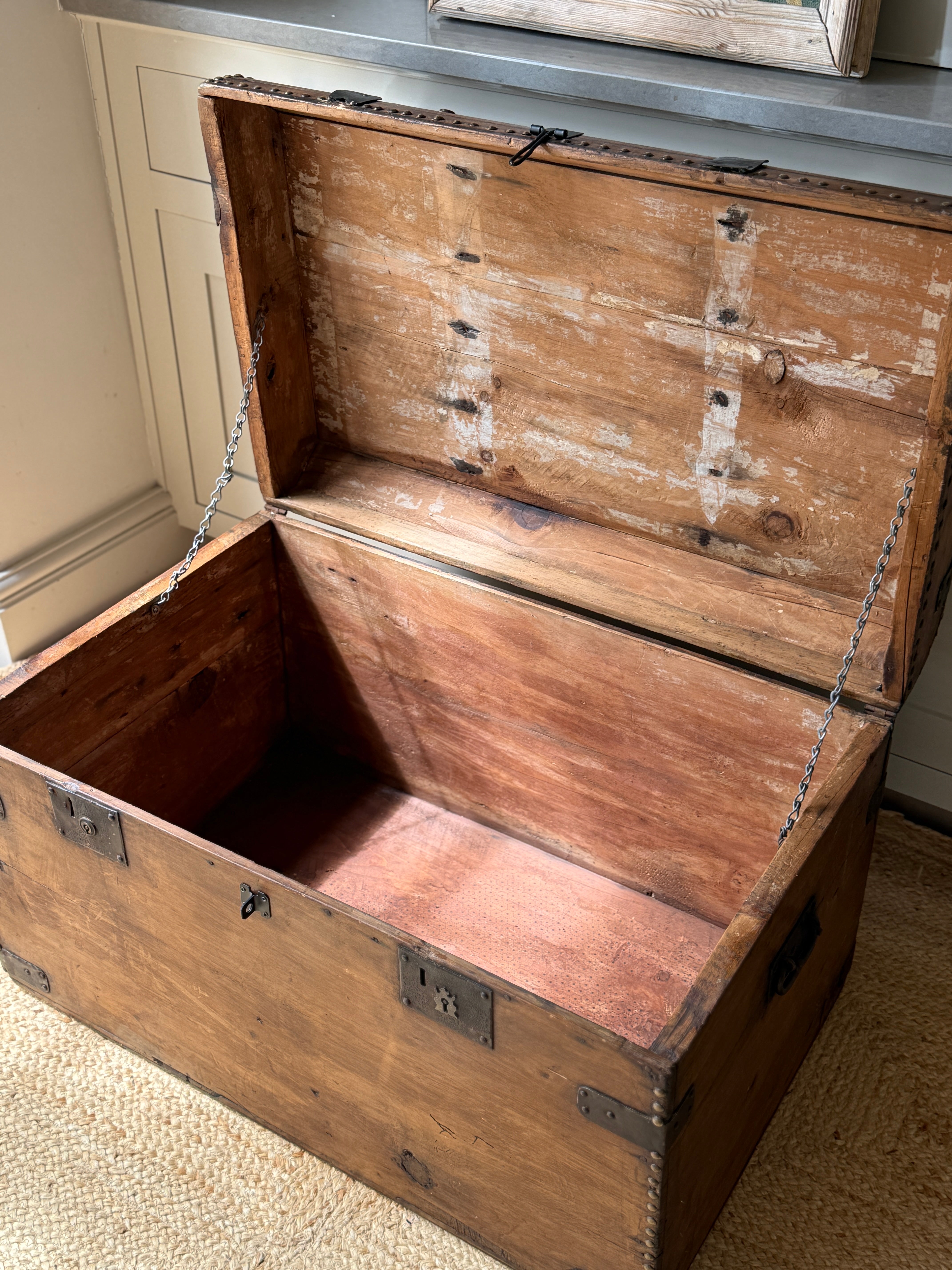 Large Antique Pine Truck with Brass Studs and Rounded Edges