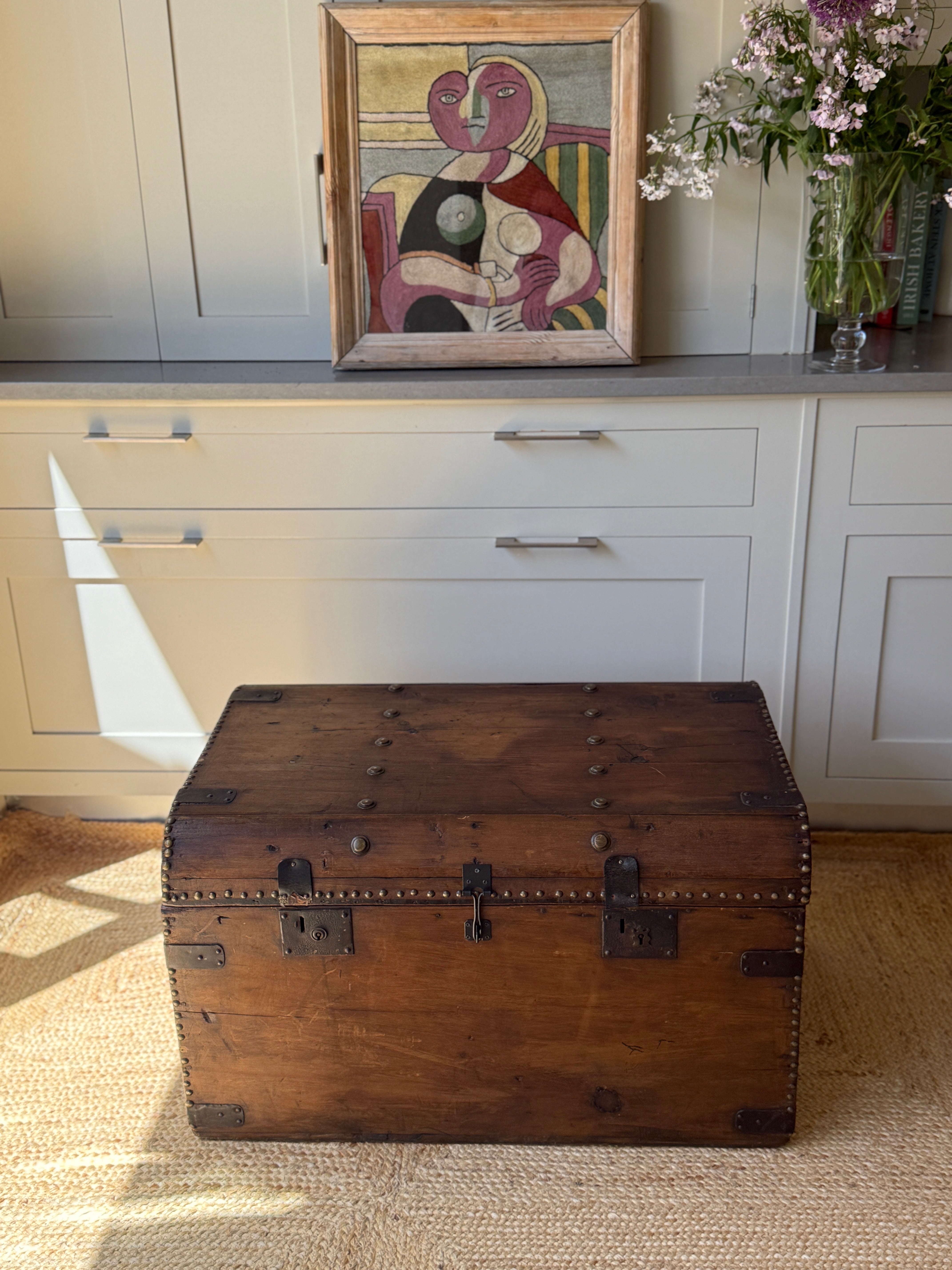Large Antique Pine Truck with Brass Studs and Rounded Edges