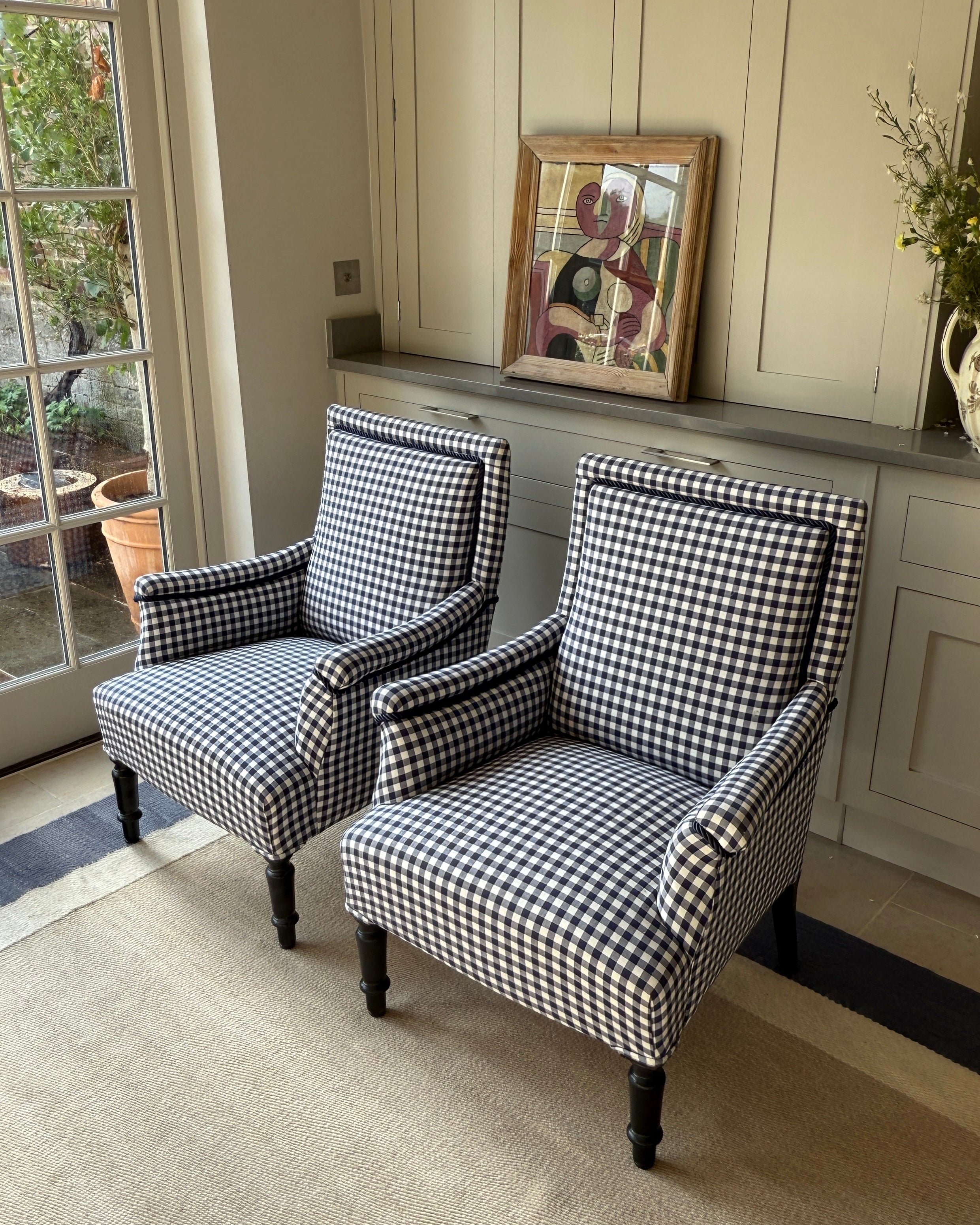 Pair of 19th Century French Armchairs in Navy Gingham
