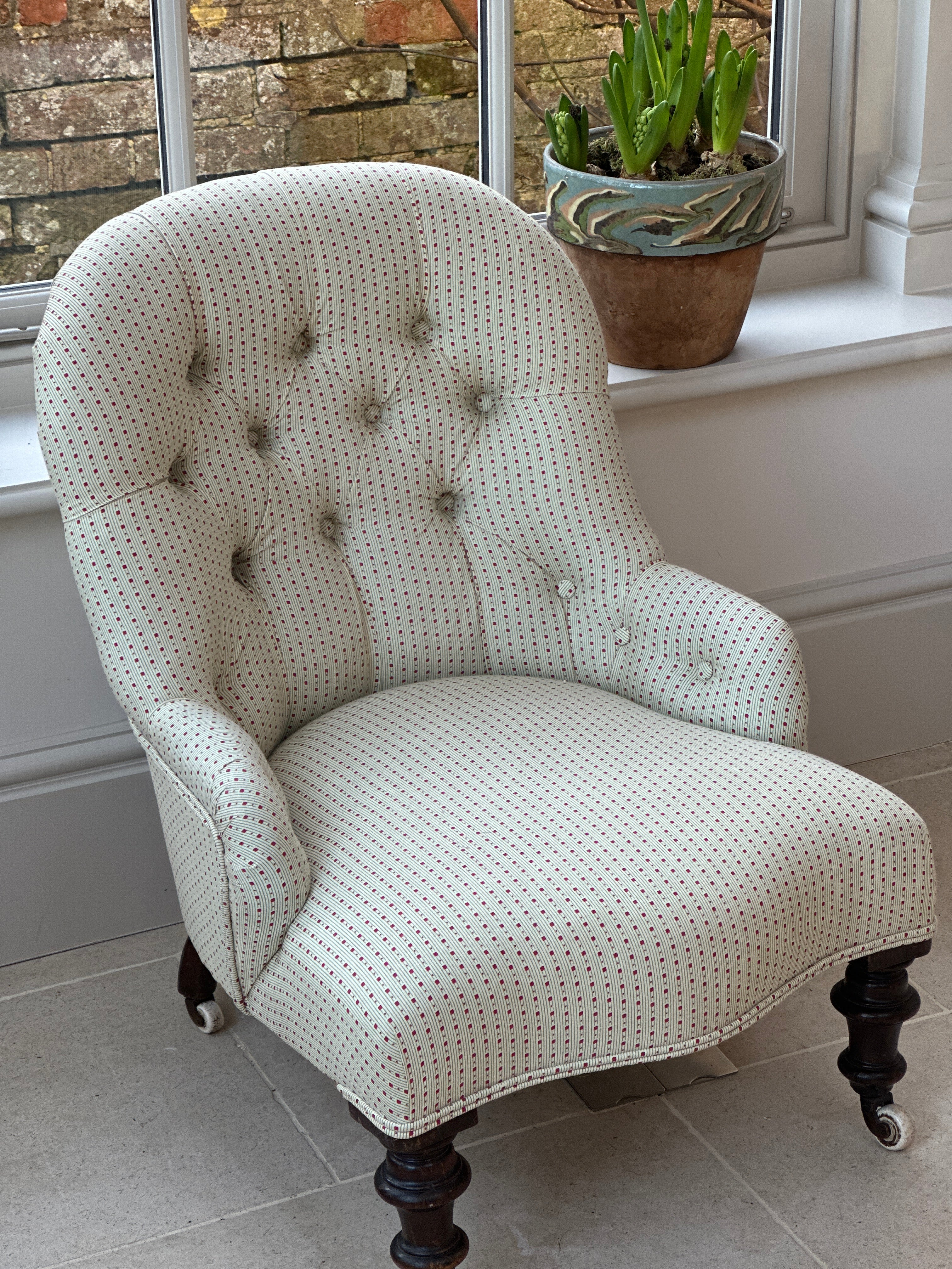 English Button Back Tub Chair in Tonal Ticking by Kathryn M Ireland