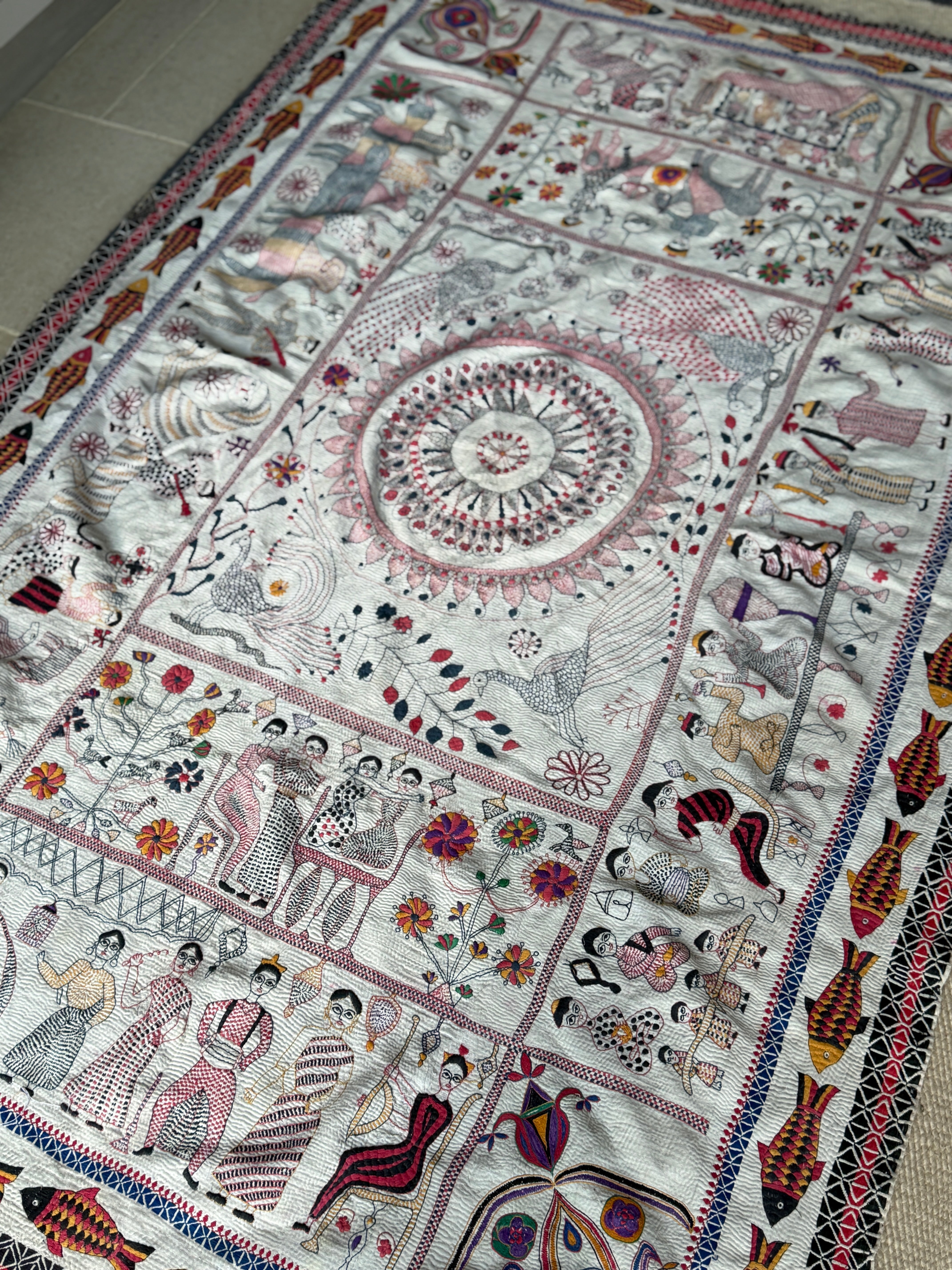 Rare Bengali Nakshi Kantha with Fish Border c late 19th Century