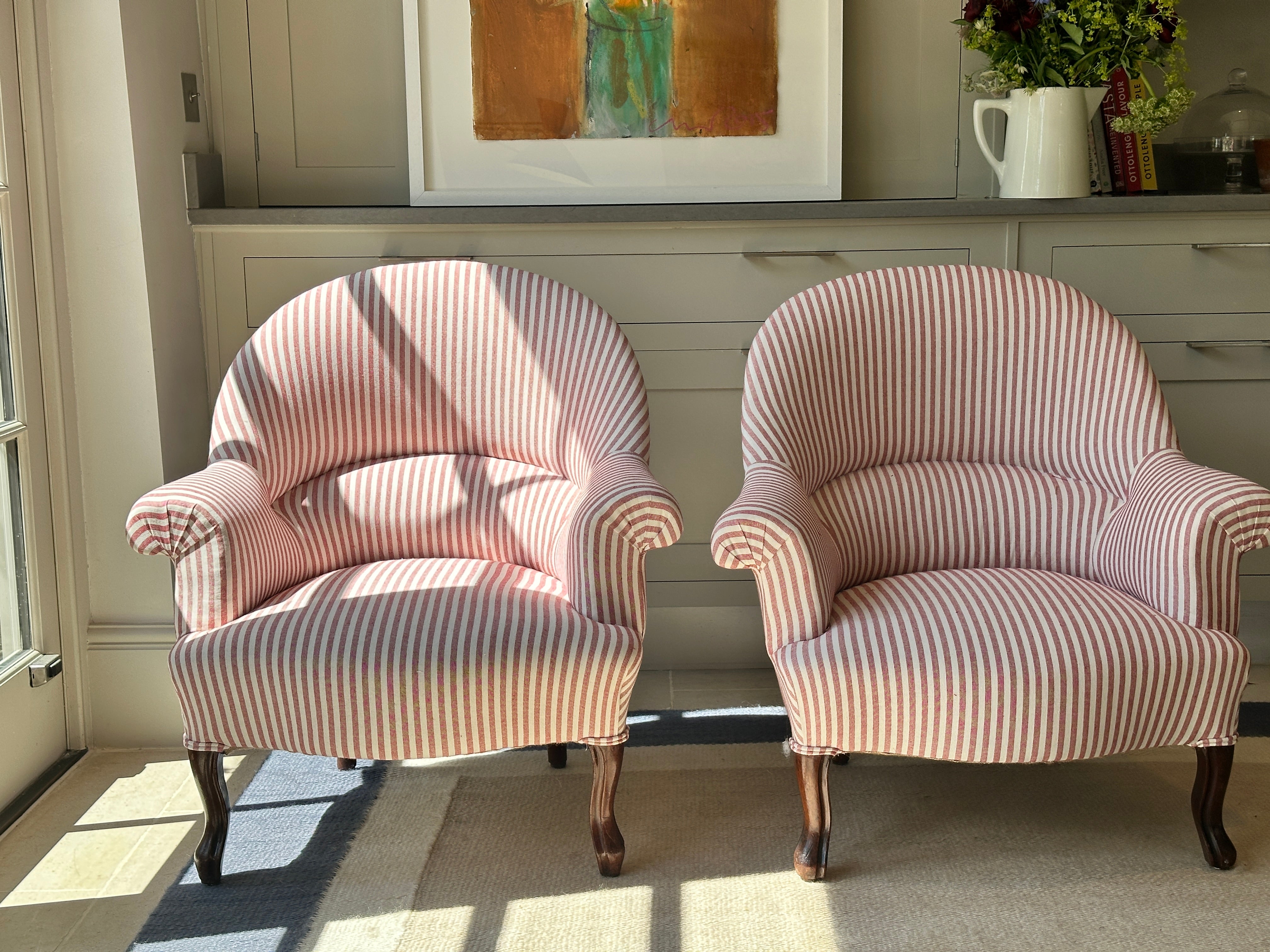 French Crapaud Tub Chairs in Red & White ticking.
