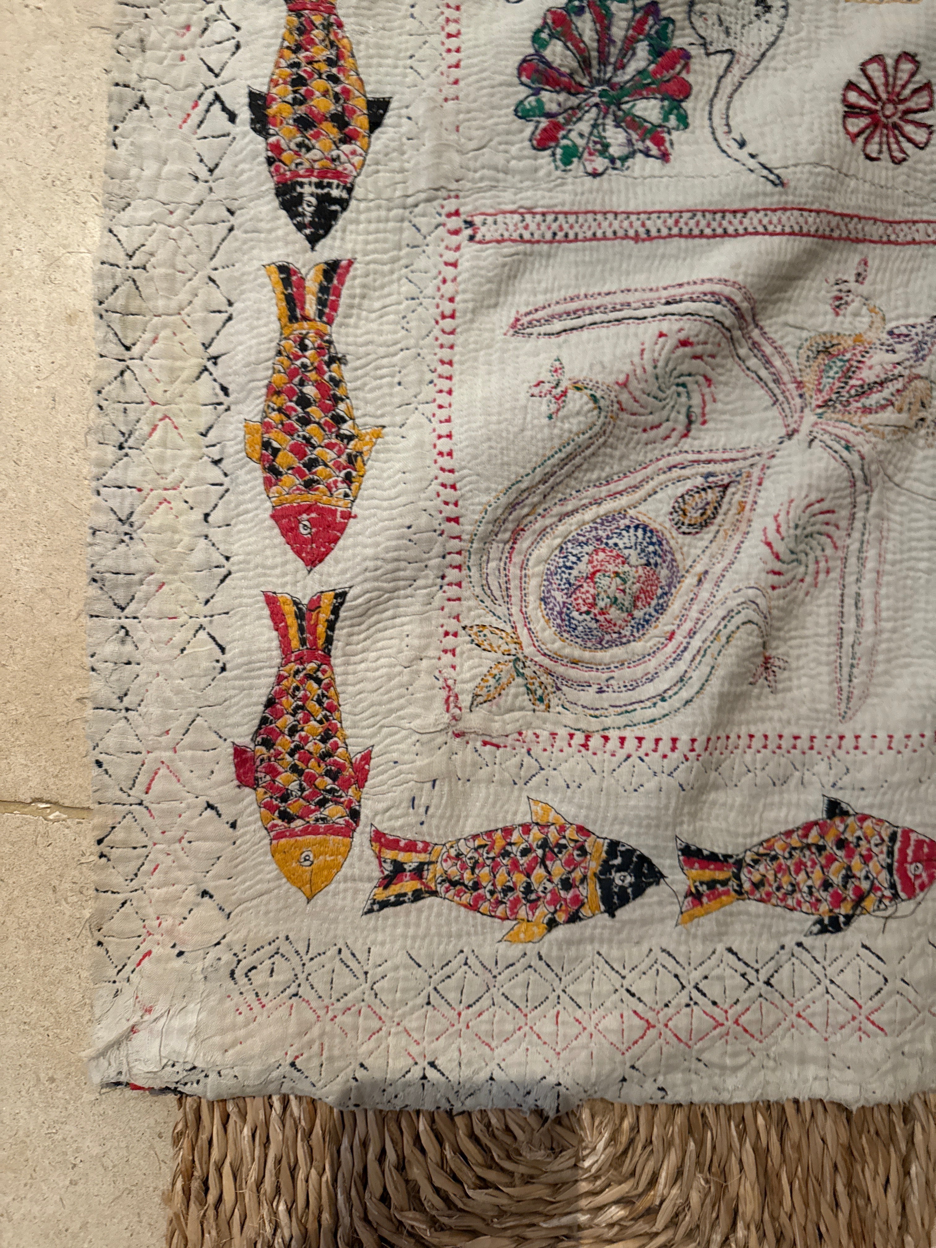 Rare Bengali Nakshi Kantha with Fish Border c late 19th Century