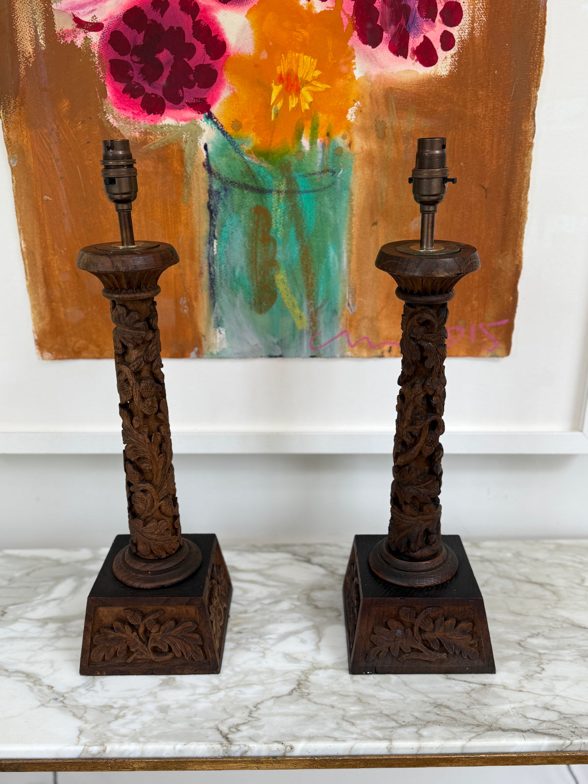 Pair of 19th Century Anglo-Indian Carved Hardwood Table Lamps
