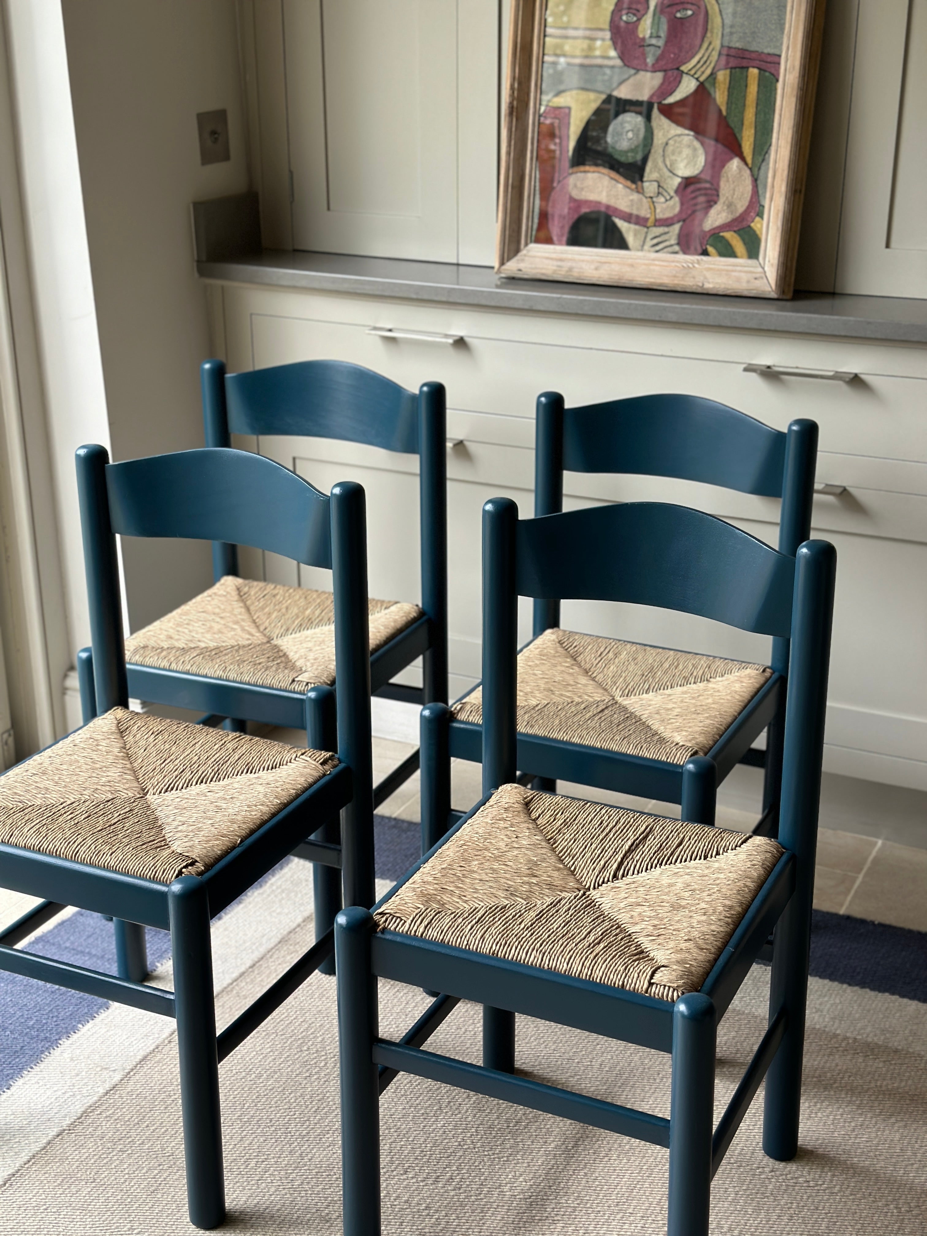 Set of 4 Beech and Rush Seat Chairs