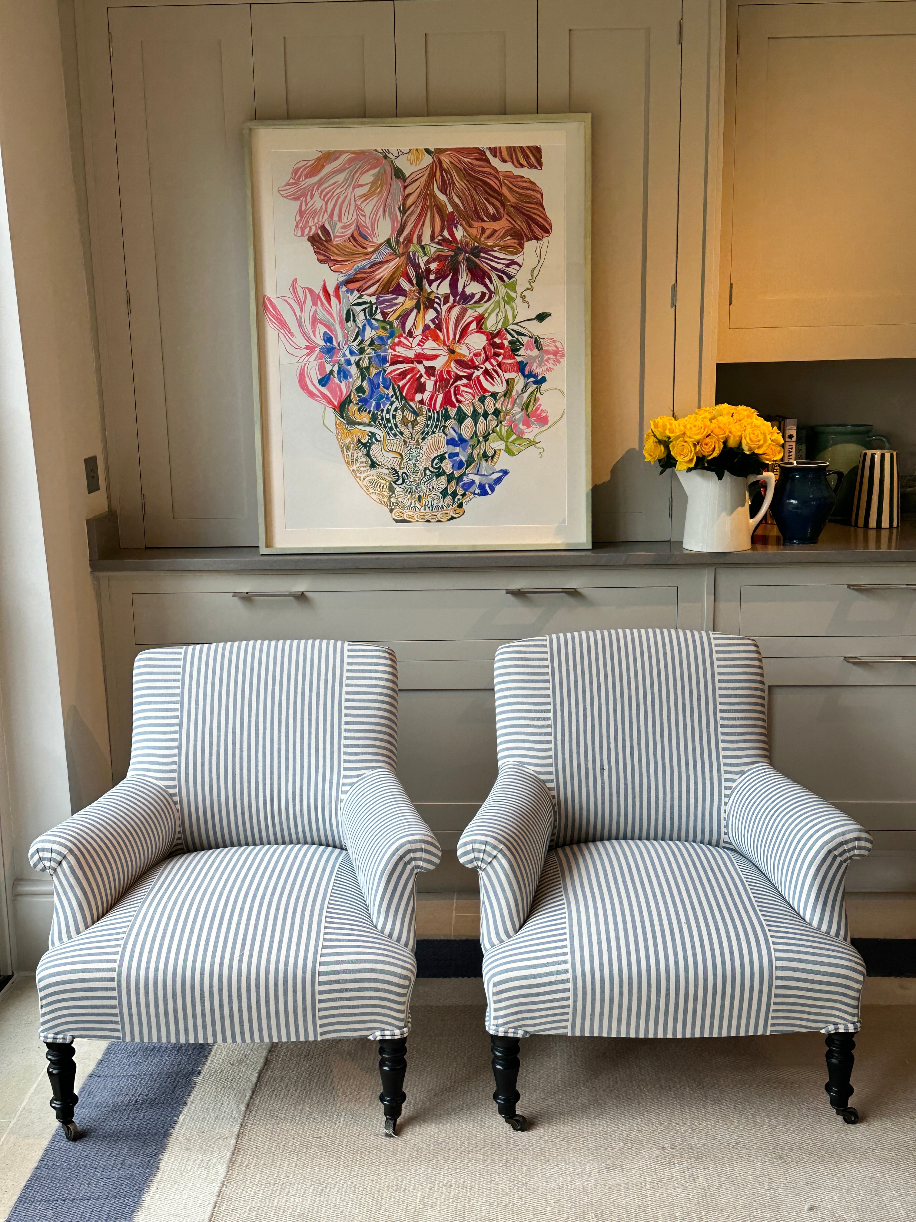 Small Napoleon III Squareback Armchairs in blue ticking