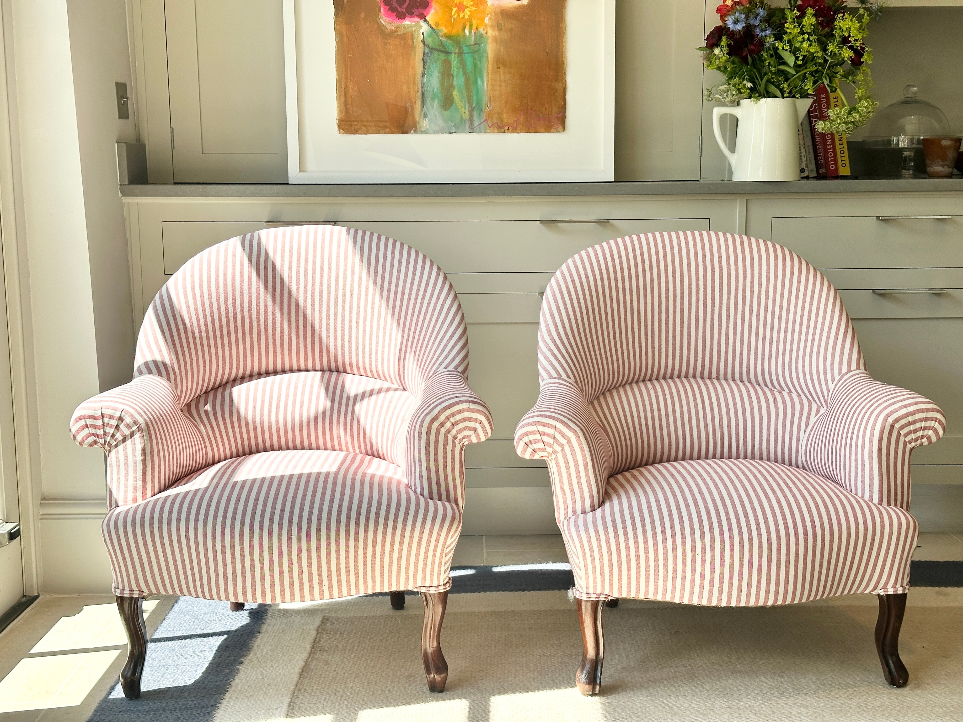 French Crapaud Tub Chairs in Red & White ticking.