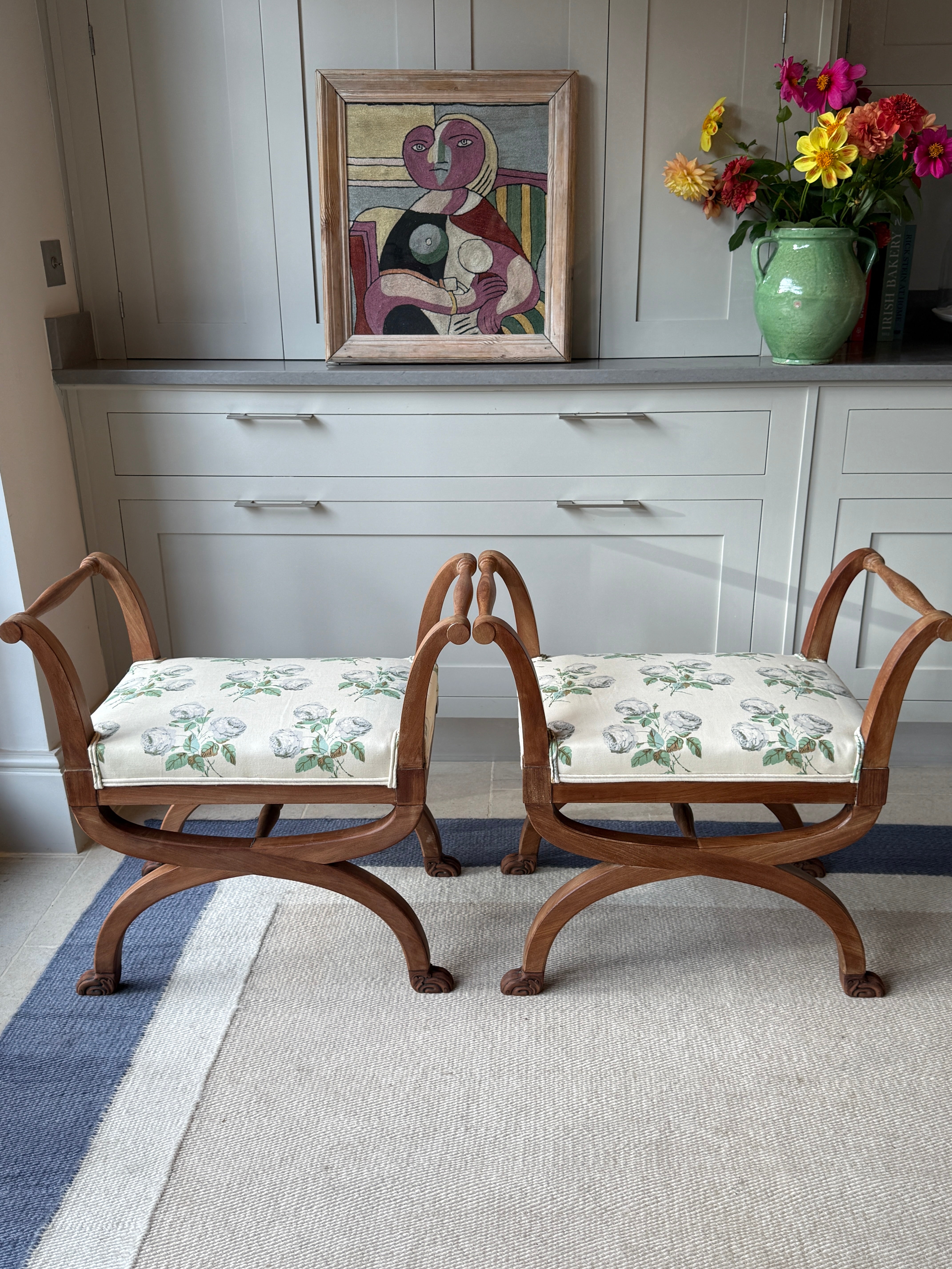 Pair of Bleached Mahogany X Frame Stools Upholstered in Colefax and Fowler Bowood