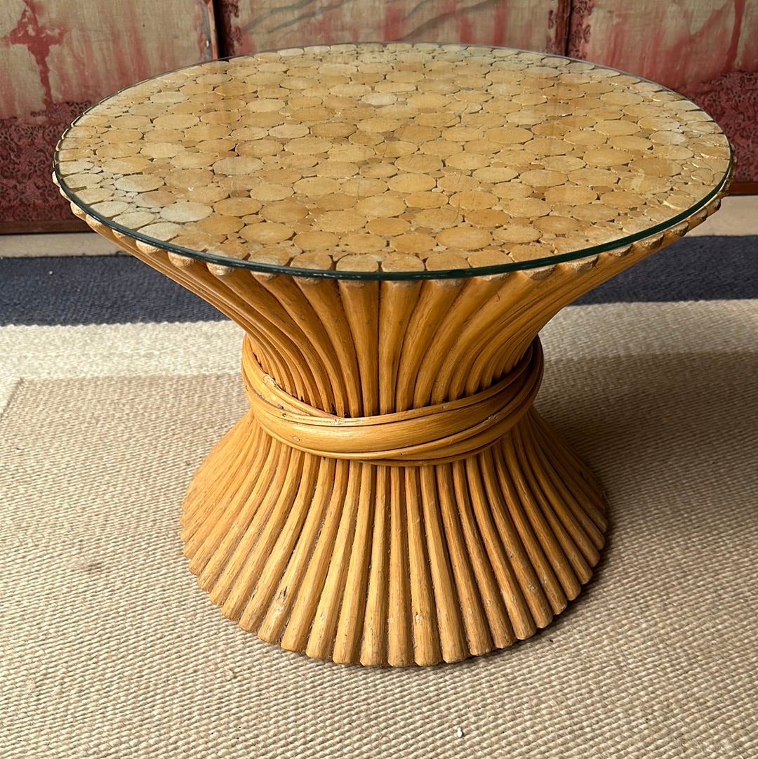 Very Small Vintage McGuire Table with Glass Top