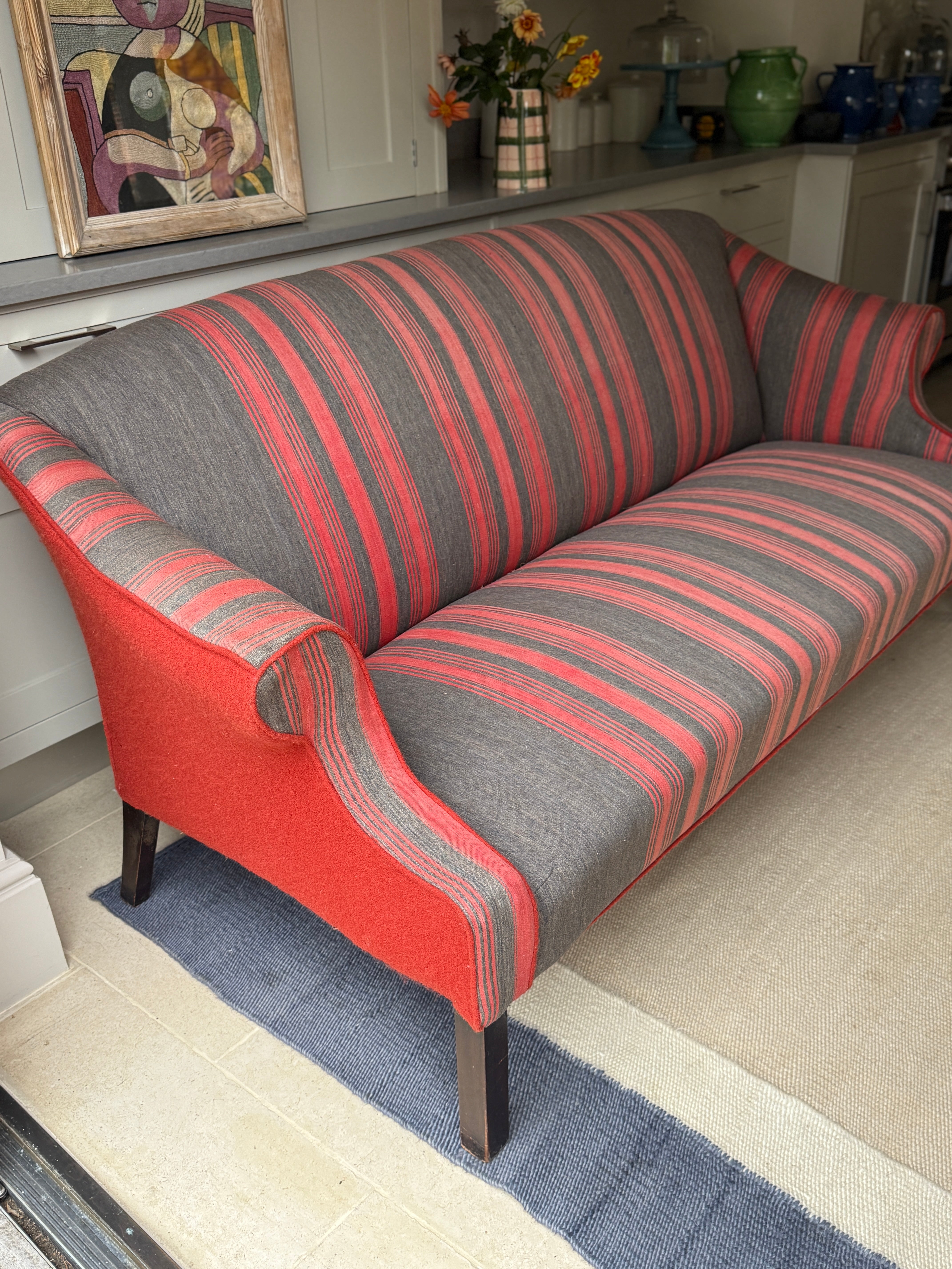 Large Antique English Sofa upholstered in an French Antique Textile