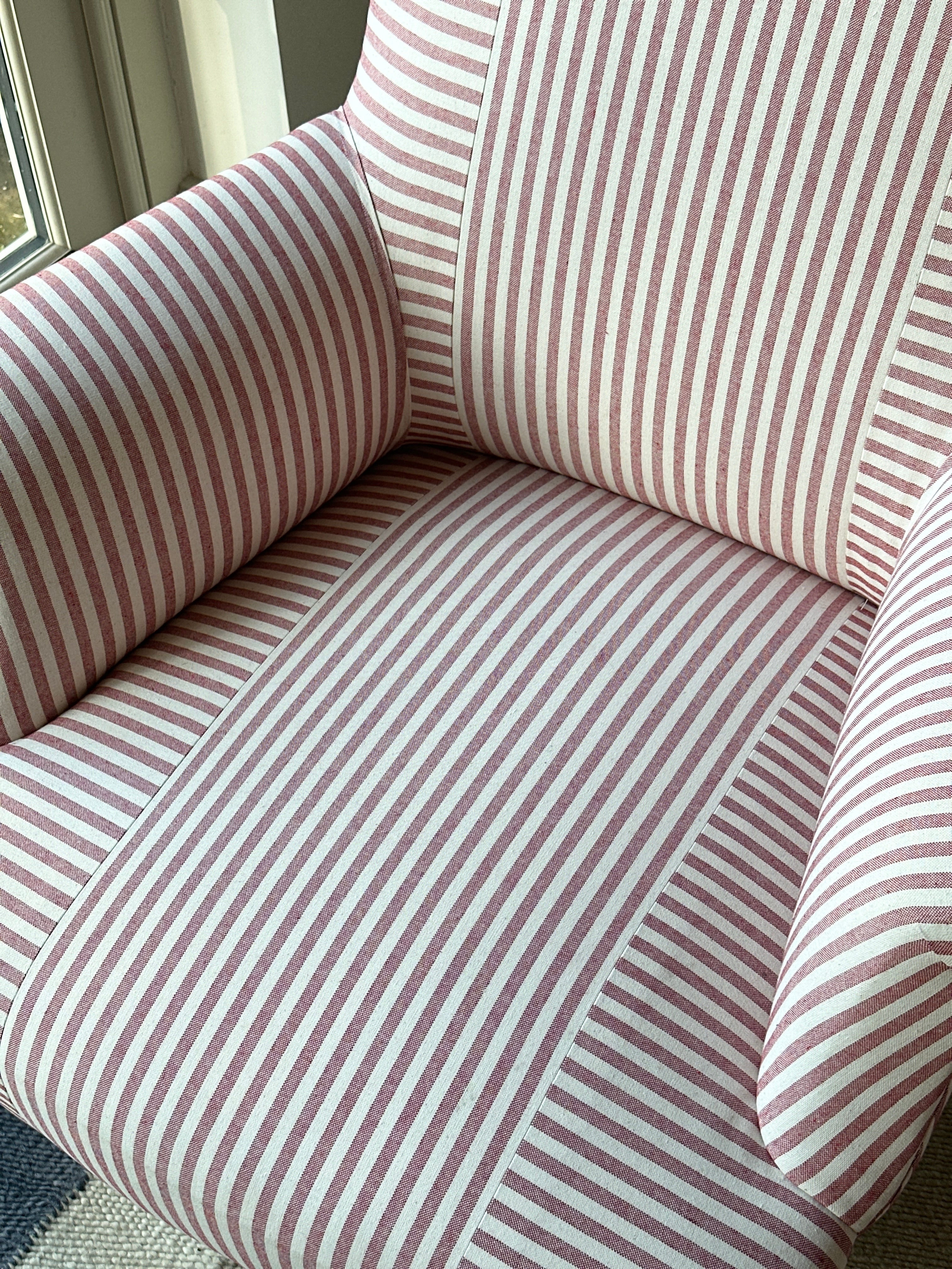 Pair of Napoleon III Squareback chairs in Red ticking Criss Cross